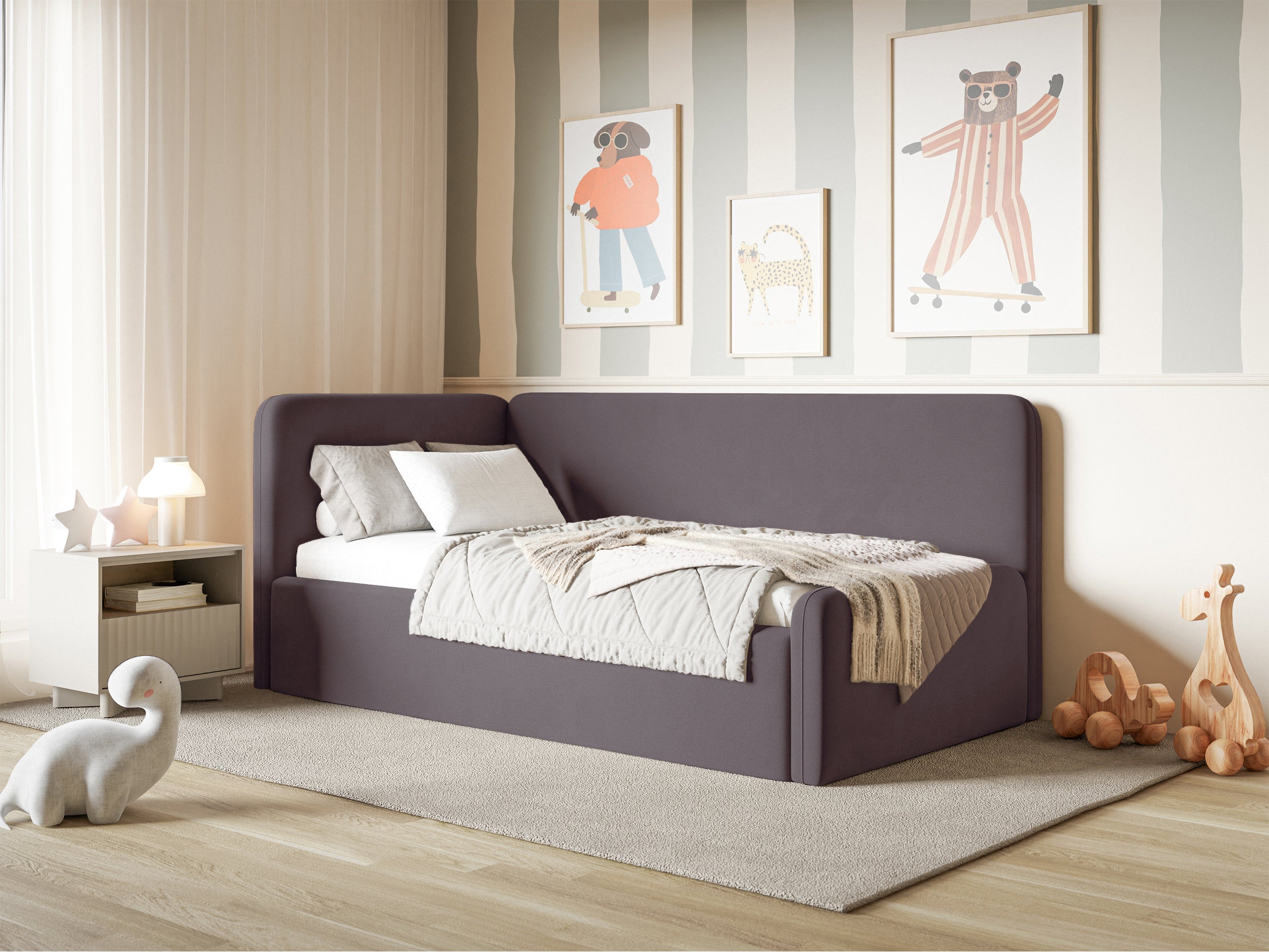 Jugendbett 120x200 cm Fanklo linksseitig mit Stauraum, violetter Velours, wasserabweisend und pflegeleicht