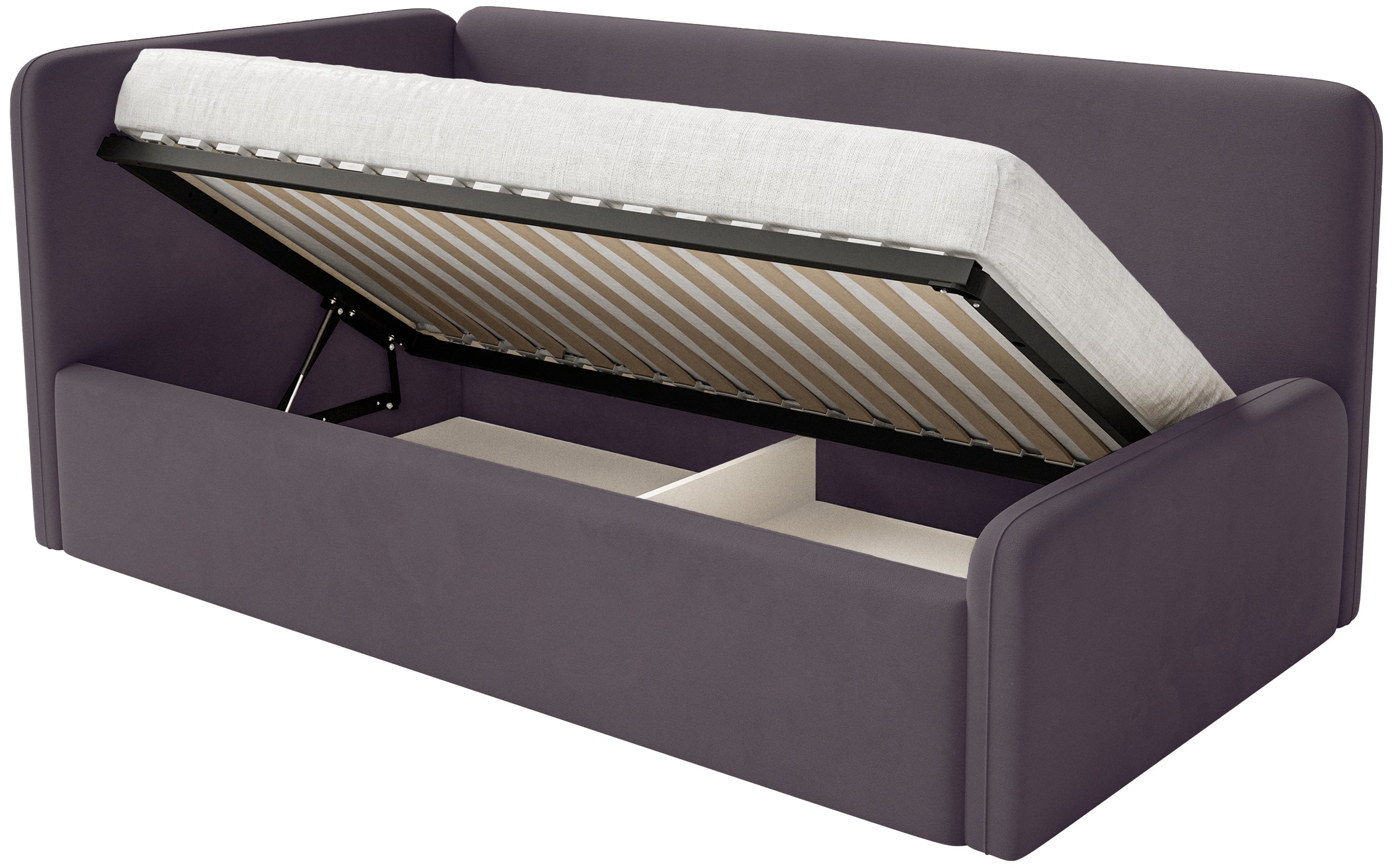 Jugendbett 90x200 cm Fanklo linksseitig mit Stauraum und Geländern, violetter Velours, wasserabweisend und leicht zu reinigen