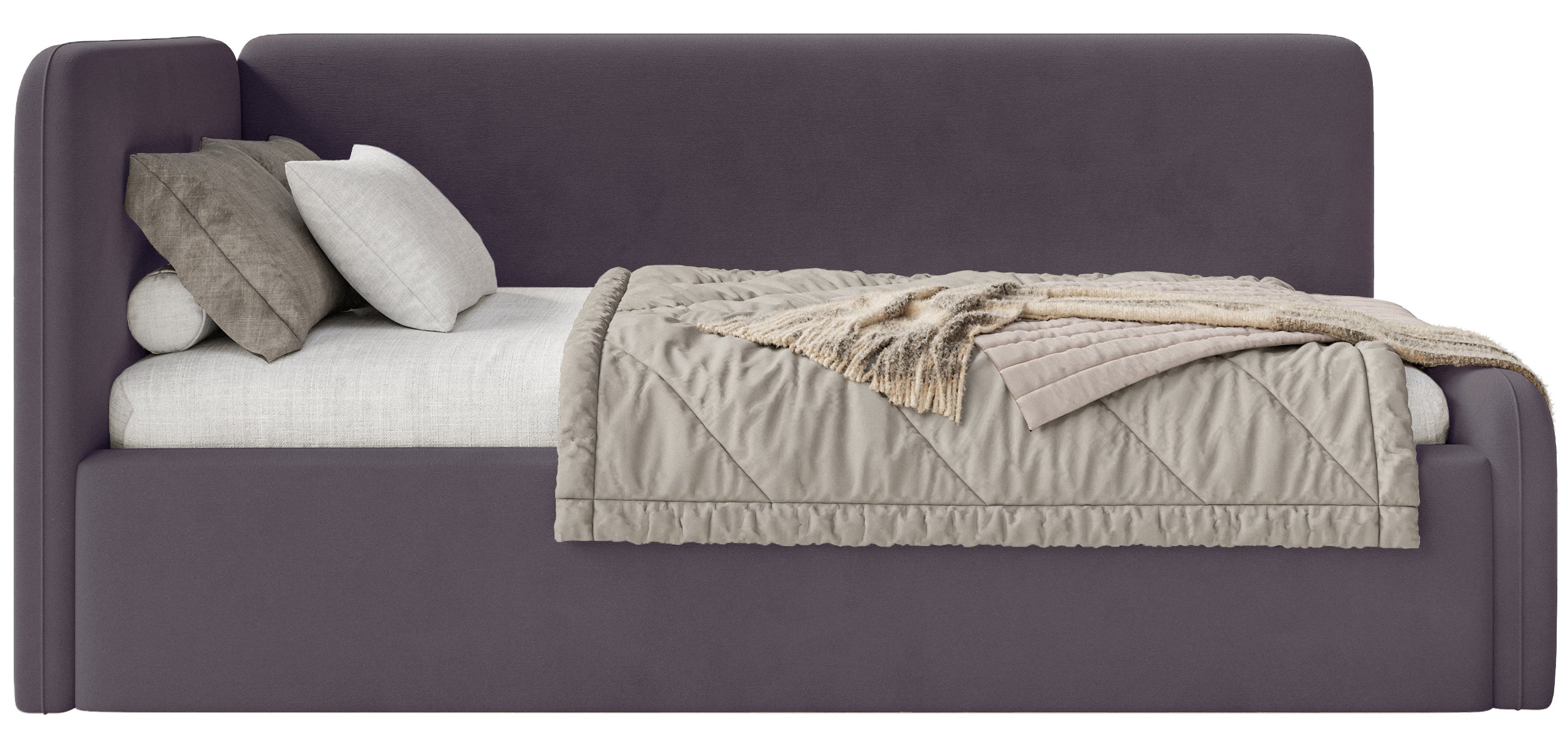 Jugendbett 90x200 cm Fanklo linksseitig mit Stauraum und Geländern, violetter Velours, wasserabweisend und leicht zu reinigen