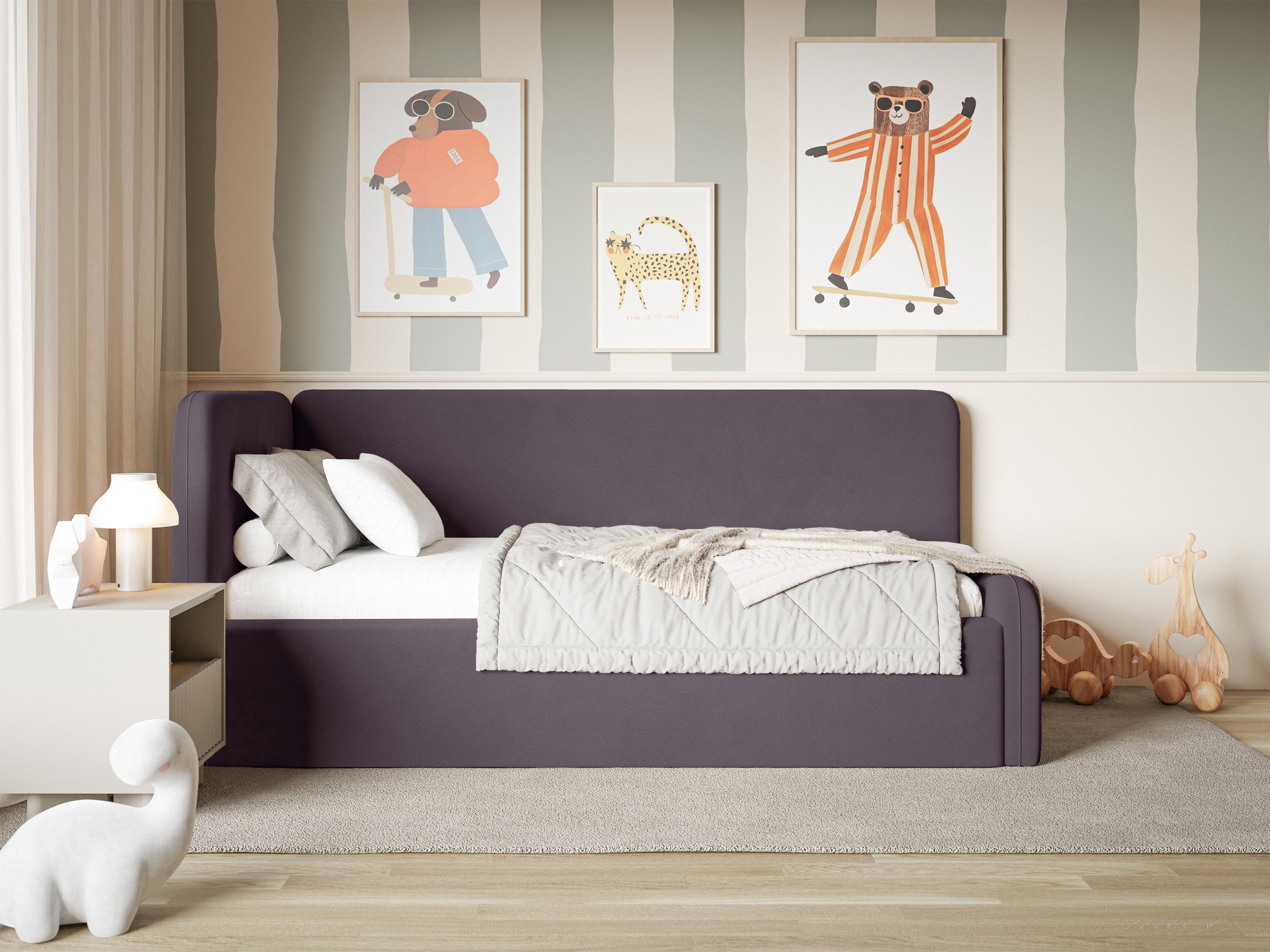 Jugendbett 120x200 cm Fanklo linksseitig mit Stauraum und Geländern, violetter Velours, wasserabweisend und leicht zu reinigen