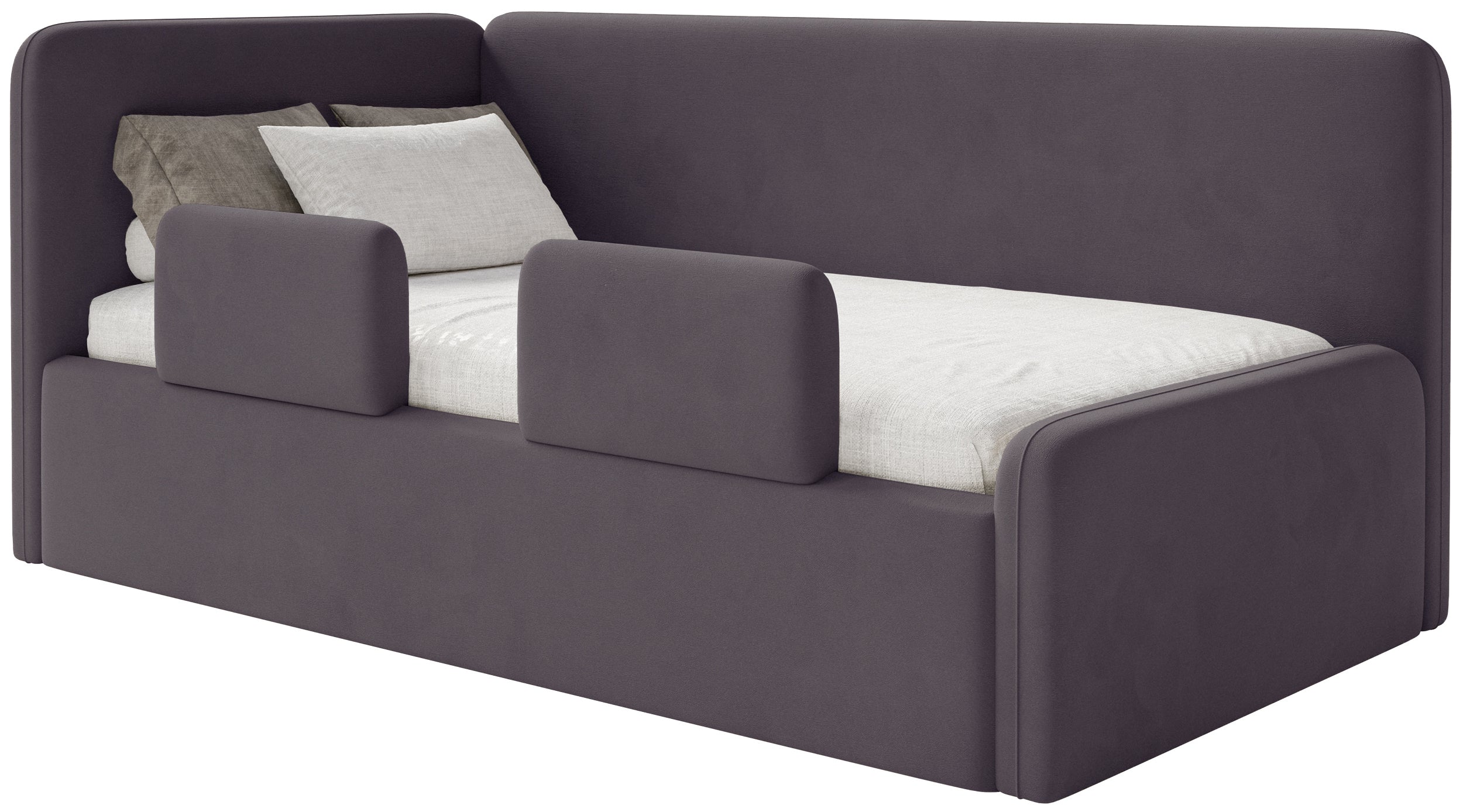 Jugendbett 90x200 cm Fanklo linksseitig mit Stauraum und Geländern, violetter Velours, wasserabweisend und leicht zu reinigen
