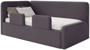 Jugendbett 120x200 cm Fanklo linksseitig mit Stauraum und Geländern, violetter Velours, wasserabweisend und leicht zu reinigen