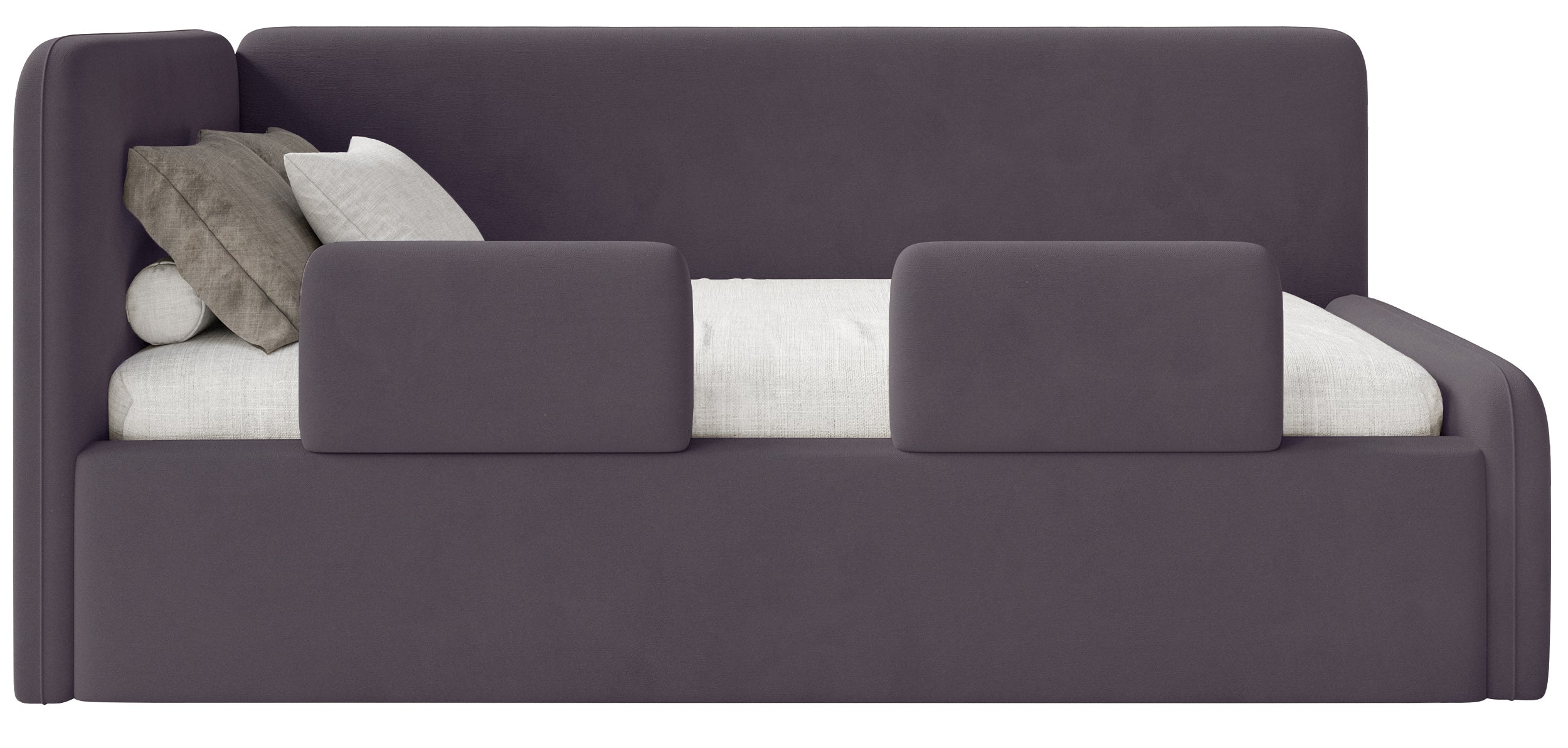 Jugendbett 90x200 cm Fanklo linksseitig mit Stauraum und Geländern, violetter Velours, wasserabweisend und leicht zu reinigen