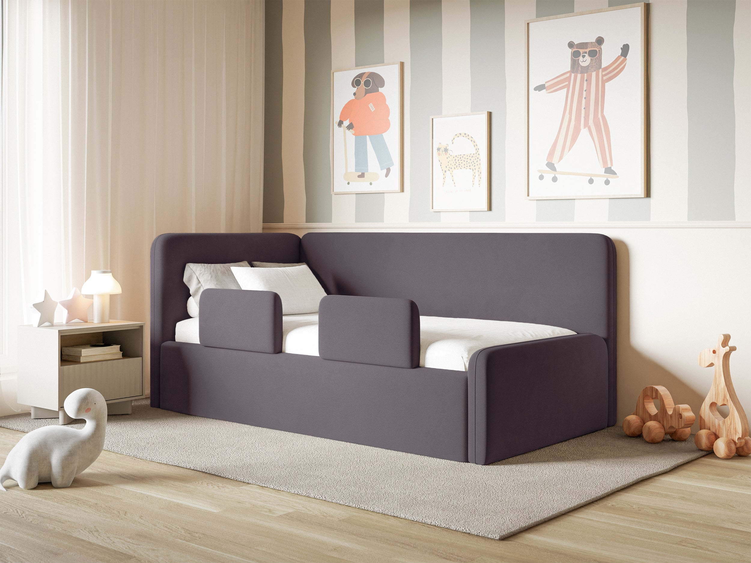 Jugendbett 120x200 cm Fanklo linksseitig mit Stauraum und Geländern, violetter Velours, wasserabweisend und leicht zu reinigen