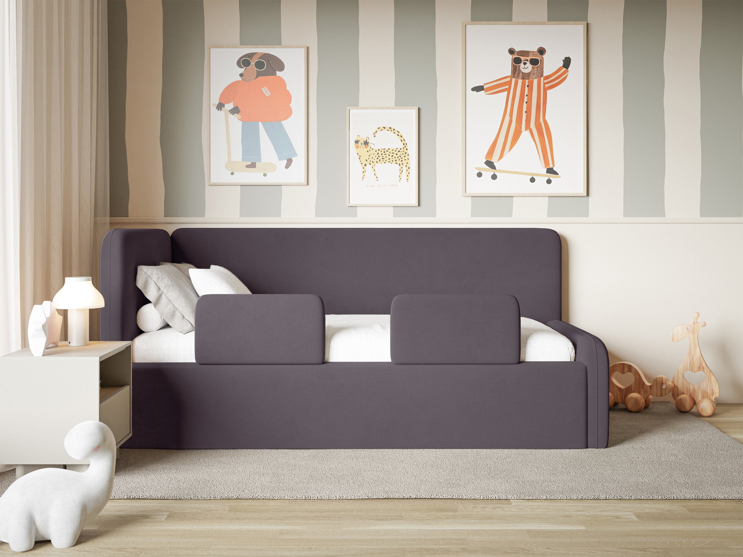Jugendbett 120x200 cm Fanklo linksseitig mit Stauraum und Geländern, violetter Velours, wasserabweisend und leicht zu reinigen