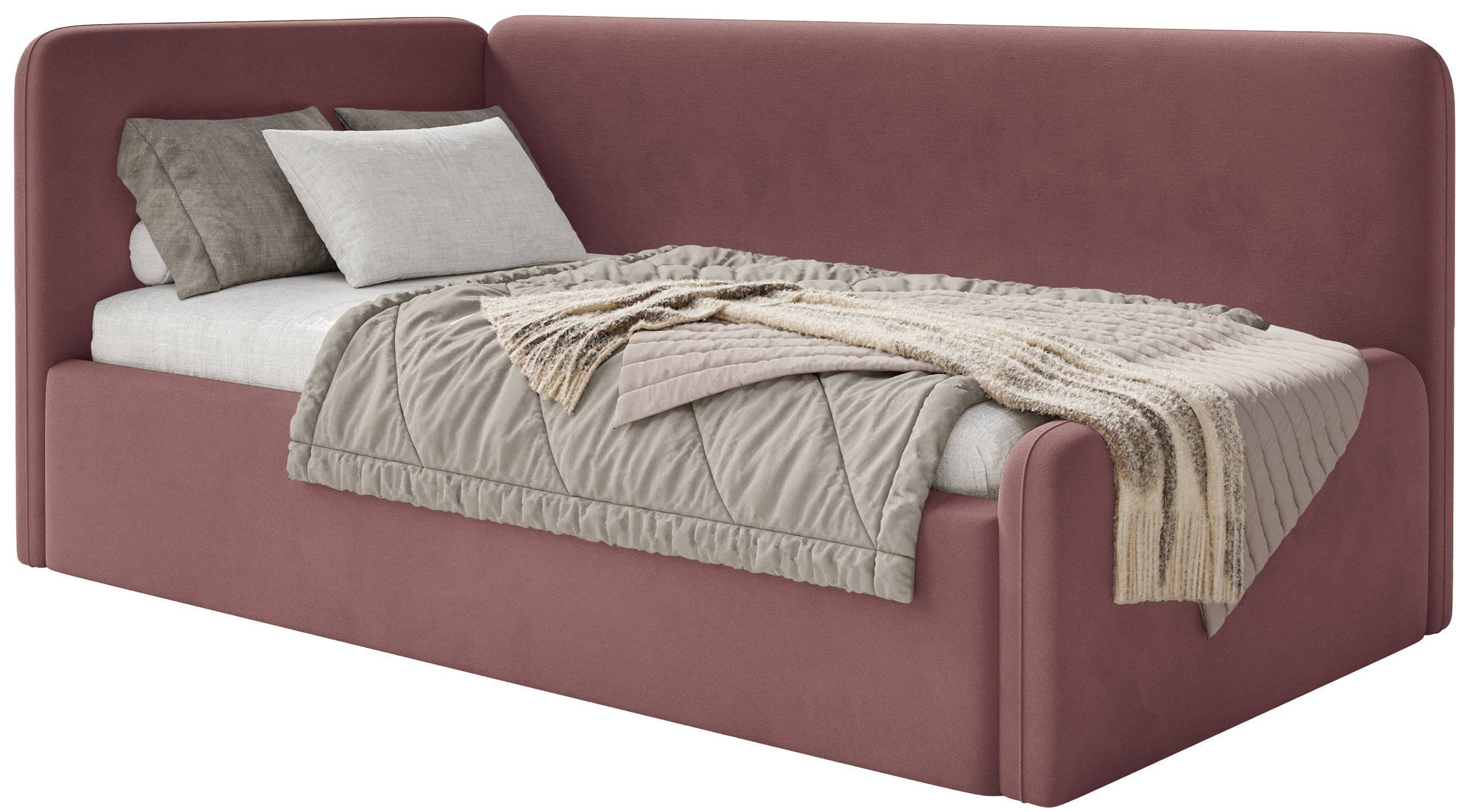 Jugendbett 90x200 cm Fanklo linksseitig mit Matratze, Stauraum und Geländern, rosa Velours, wasserabweisend und leicht zu reinigen