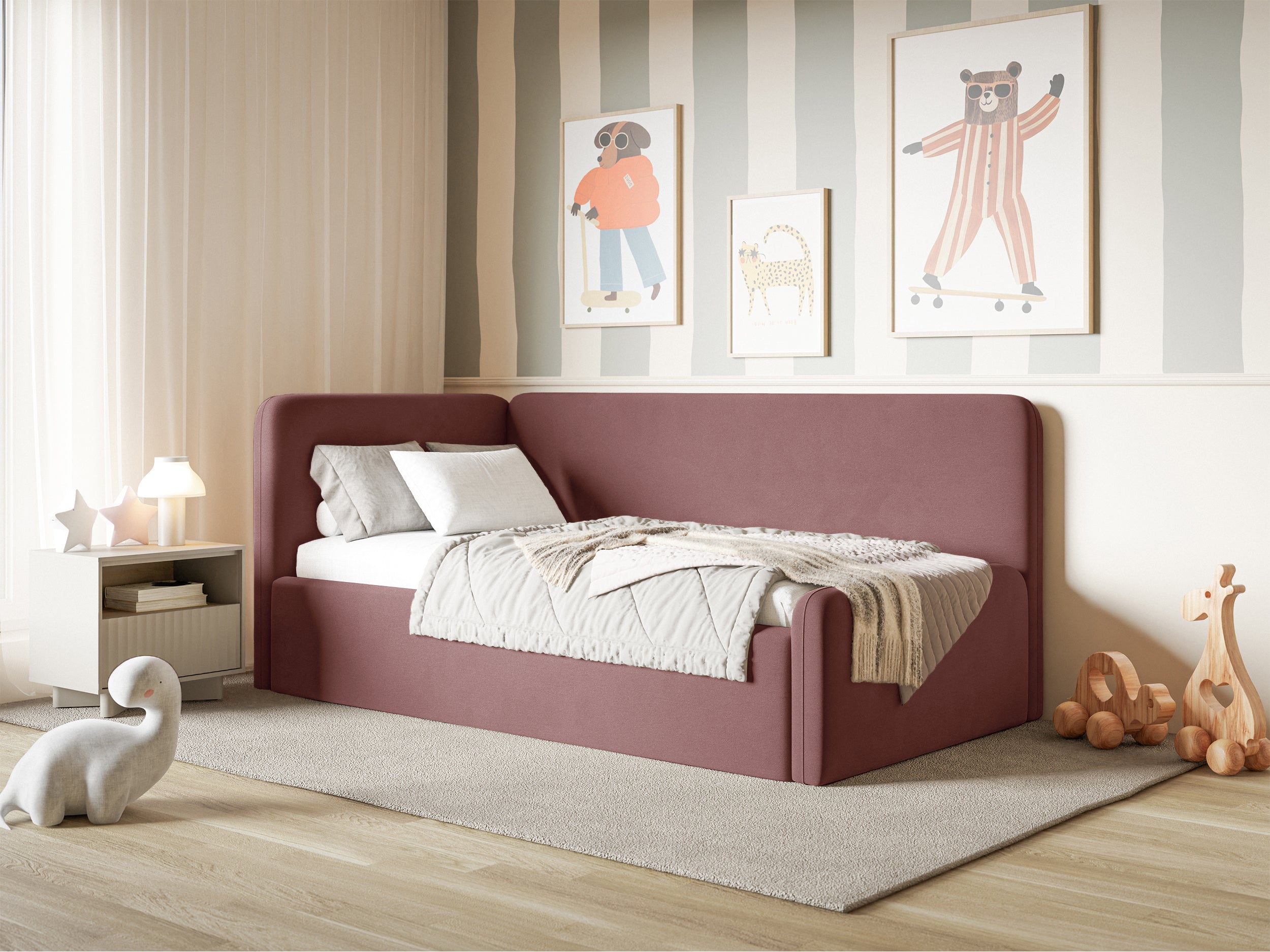 Jugendbett 120x200 cm Fanklo linksseitig mit Matratze, Stauraum und Geländern, rosa Velours, wasserabweisend und leicht zu reinigen