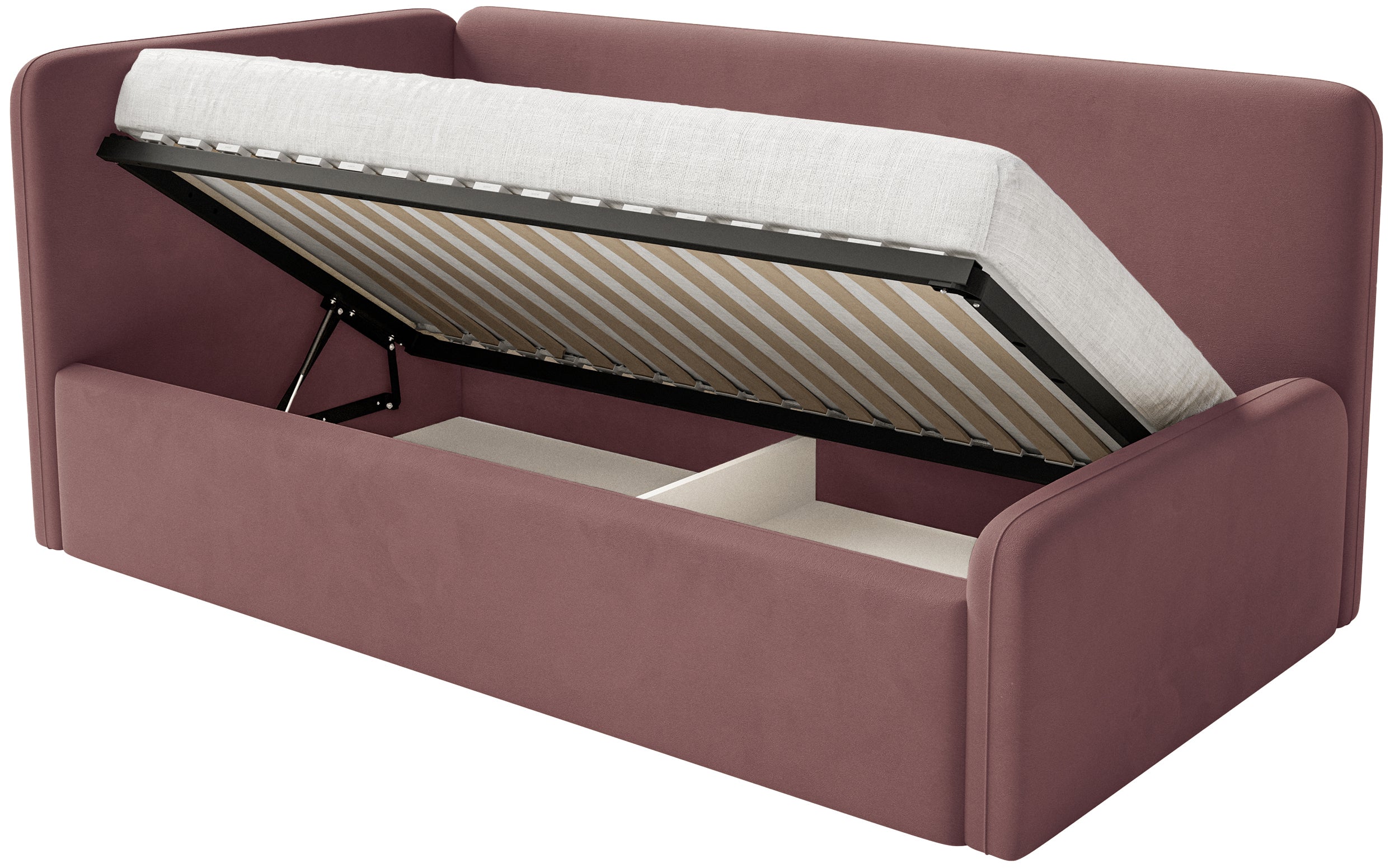 Jugendbett 90x200 cm Fanklo linksseitig mit Matratze, Stauraum und Geländern, rosa Velours, wasserabweisend und leicht zu reinigen