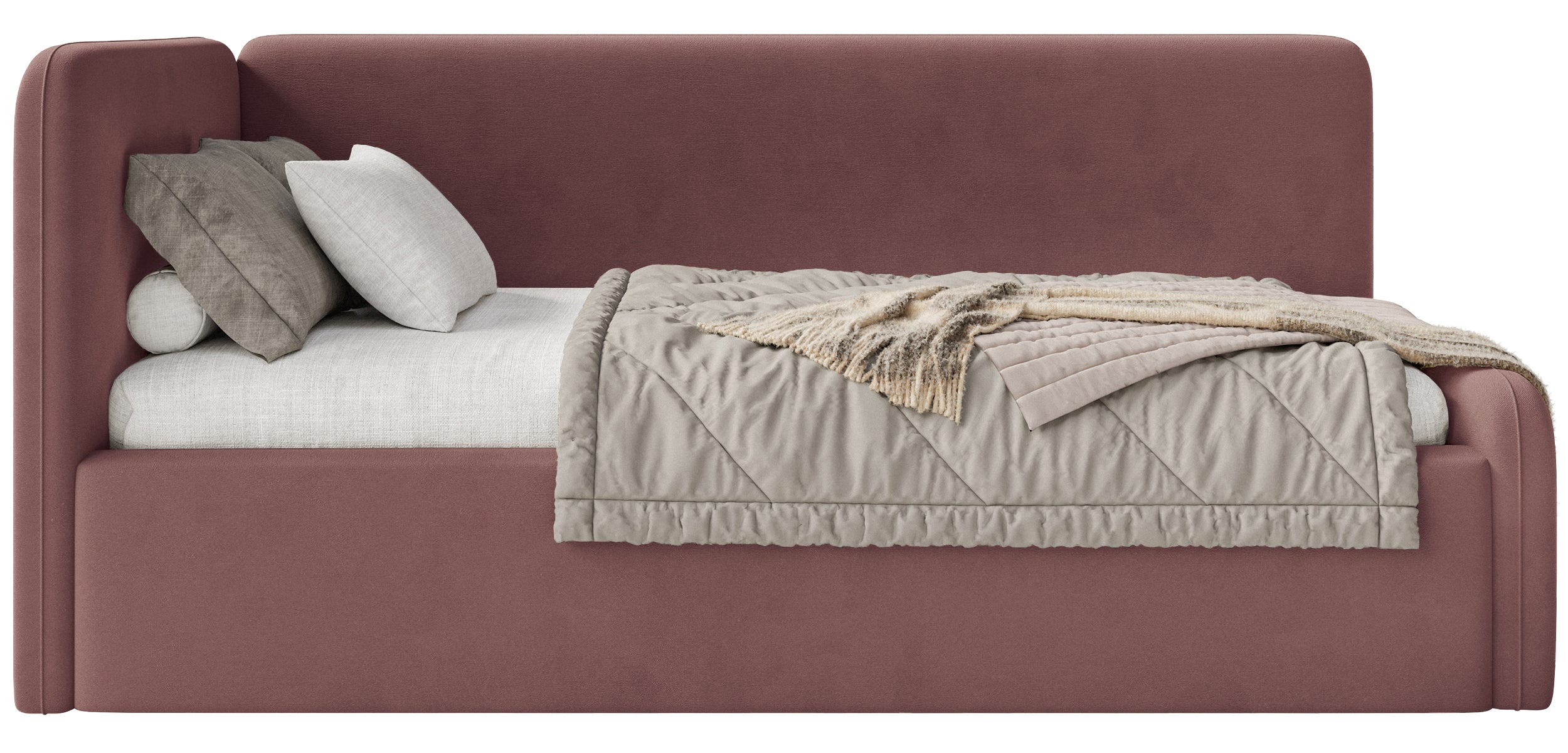 Jugendbett 120x200 cm Fanklo linksseitig mit Matratze, Stauraum und Geländern, rosa Velours, wasserabweisend und leicht zu reinigen
