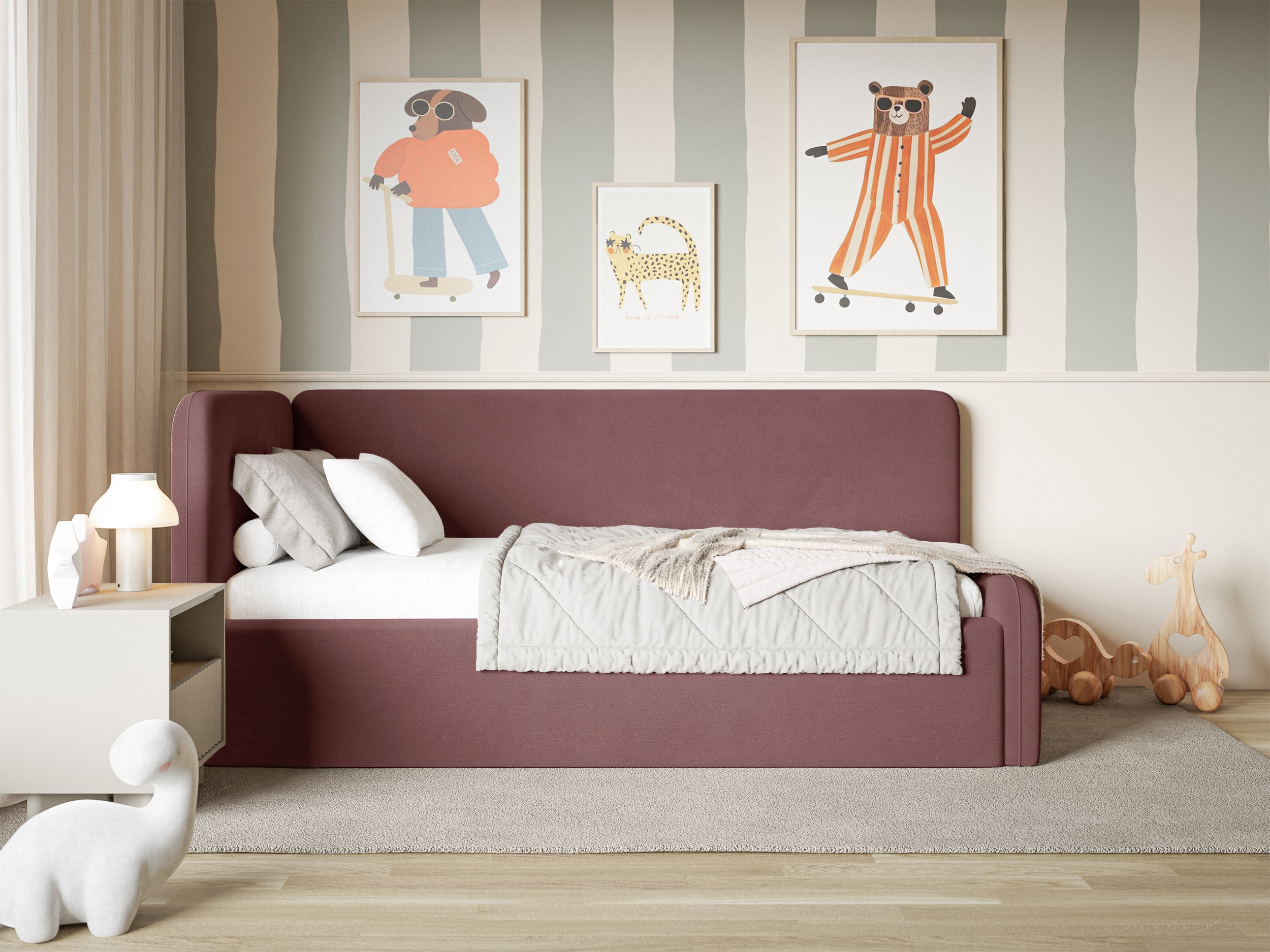 Jugendbett 90x200 cm Fanklo linksseitig mit Matratze, Stauraum und Geländern, rosa Velours, wasserabweisend und leicht zu reinigen