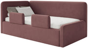 Jugendbett 120x200 cm Fanklo linksseitig mit Matratze, Stauraum und Geländern, rosa Velours, wasserabweisend und leicht zu reinigen