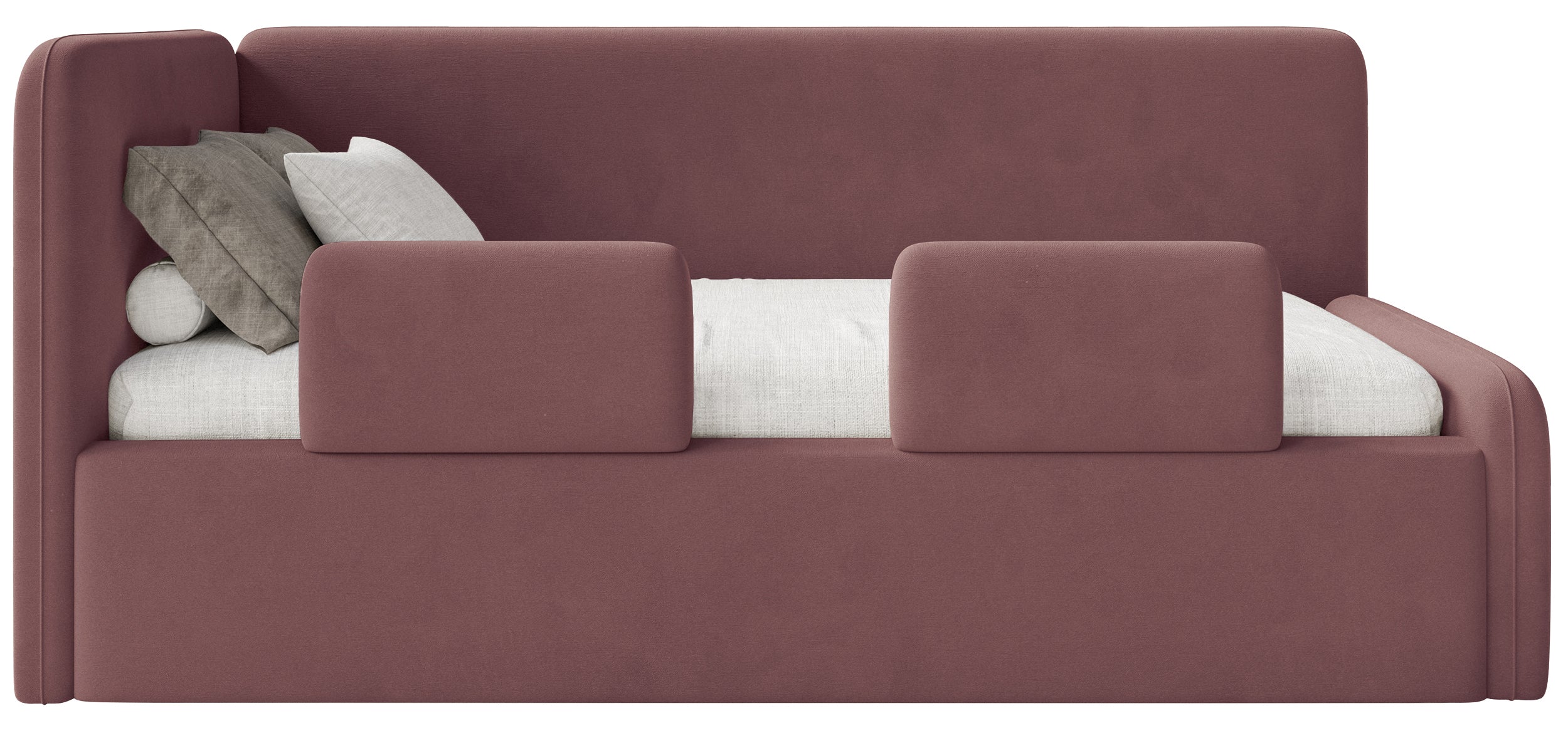 Jugendbett 120x200 cm Fanklo linksseitig mit Matratze, Stauraum und Geländern, rosa Velours, wasserabweisend und leicht zu reinigen
