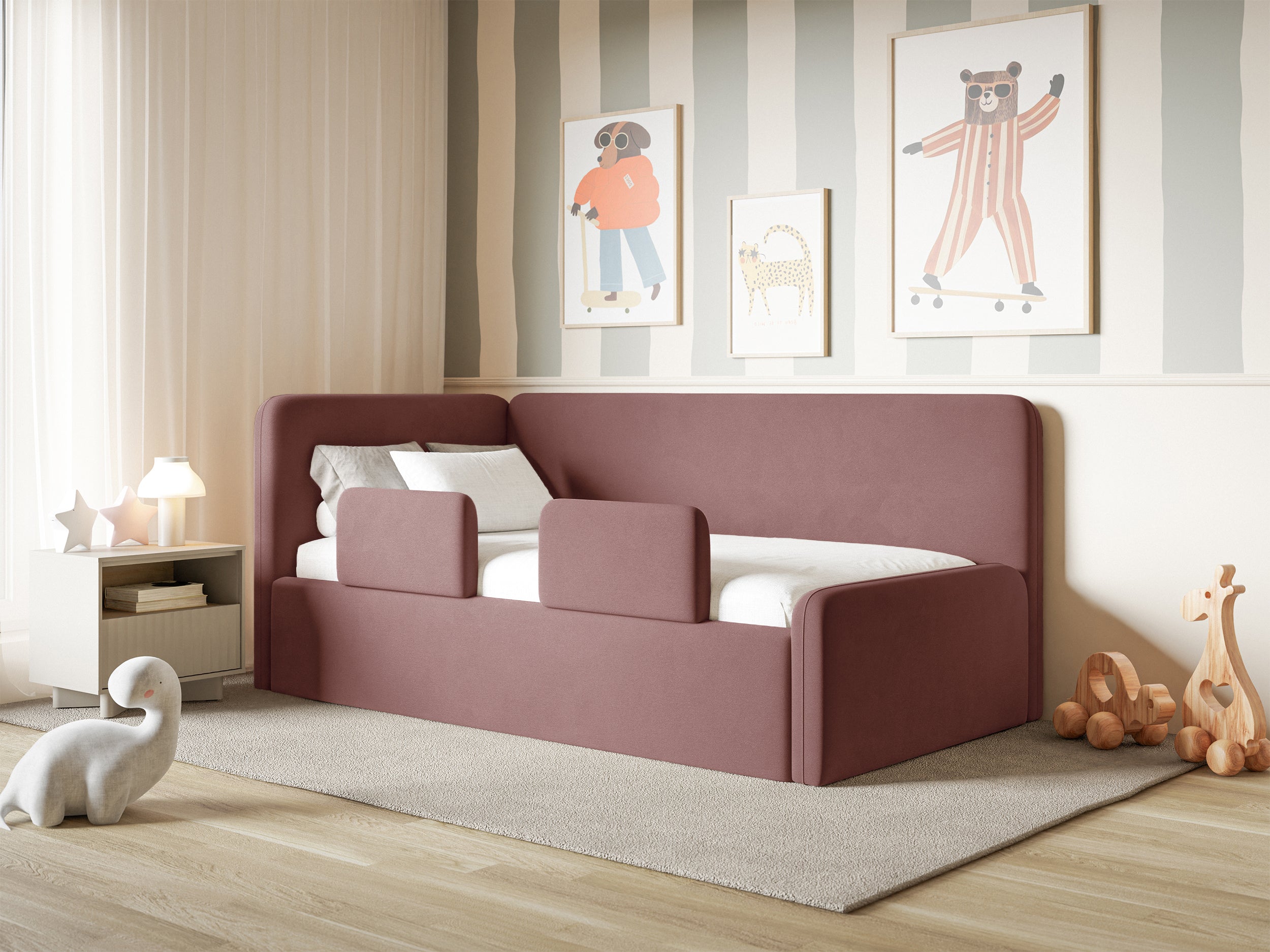 Jugendbett 120x200 cm Fanklo linksseitig mit Matratze, Stauraum und Geländern, rosa Velours, wasserabweisend und leicht zu reinigen