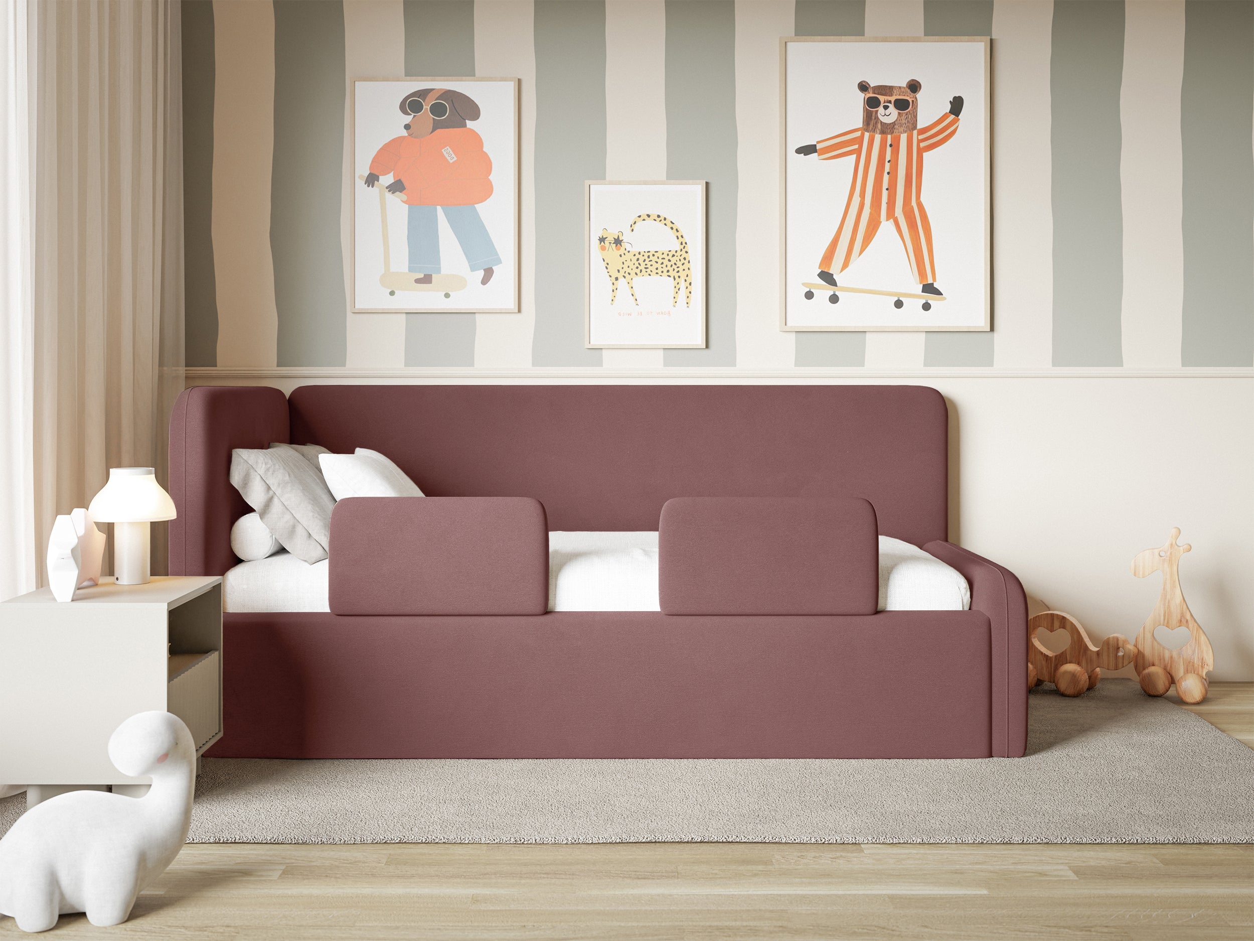 Jugendbett 120x200 cm Fanklo linksseitig mit Matratze, Stauraum und Geländern, rosa Velours, wasserabweisend und leicht zu reinigen