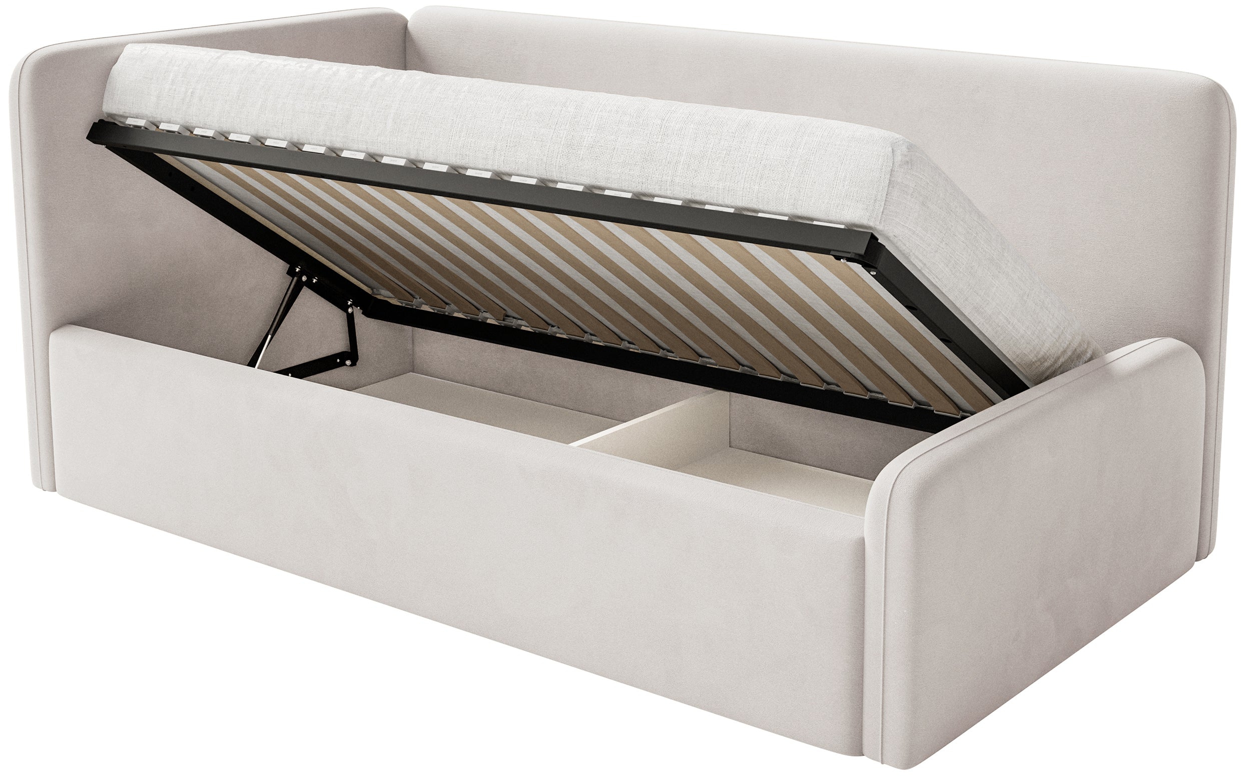 Jugendbett 90x200 cm Fanklo linksseitig mit Stauraum und hellbeigen Samt-Hydrophob, leicht zu reinigen Geländern