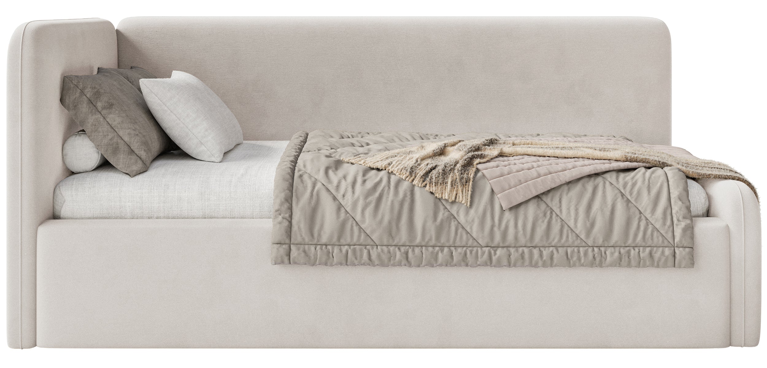 Jugendbett 90x200 cm Fanklo linksseitig mit Stauraum und hellbeigen Samt-Hydrophob, leicht zu reinigen Geländern
