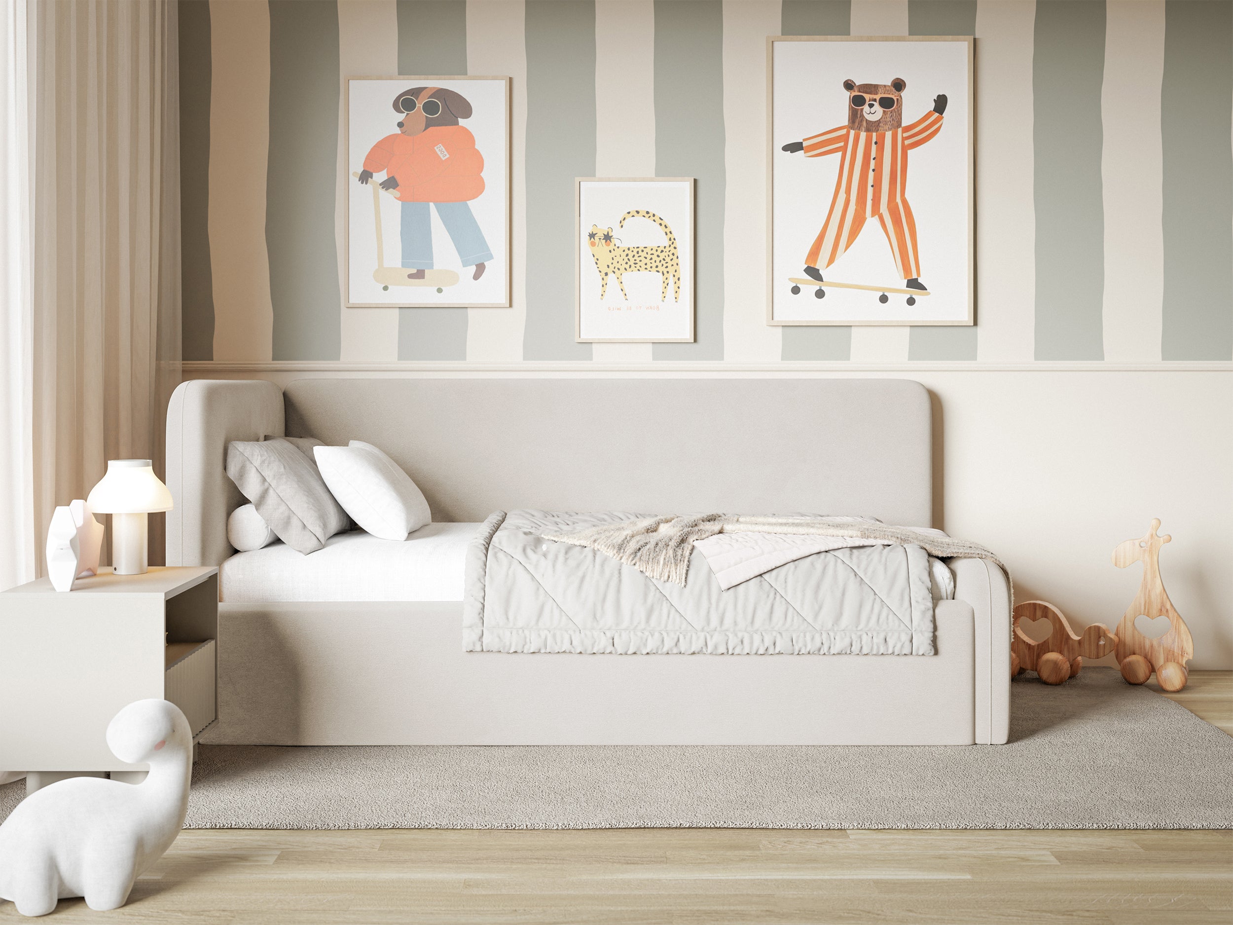 Jugendbett 90x200 cm Fanklo linksseitig mit Stauraum und hellbeigen Samt-Hydrophob, leicht zu reinigen Geländern