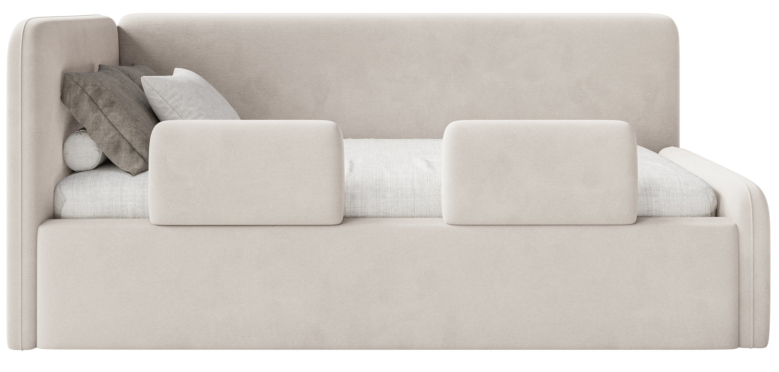 Jugendbett 90x200 cm Fanklo linksseitig mit Stauraum und hellbeigen Samt-Hydrophob, leicht zu reinigen Geländern
