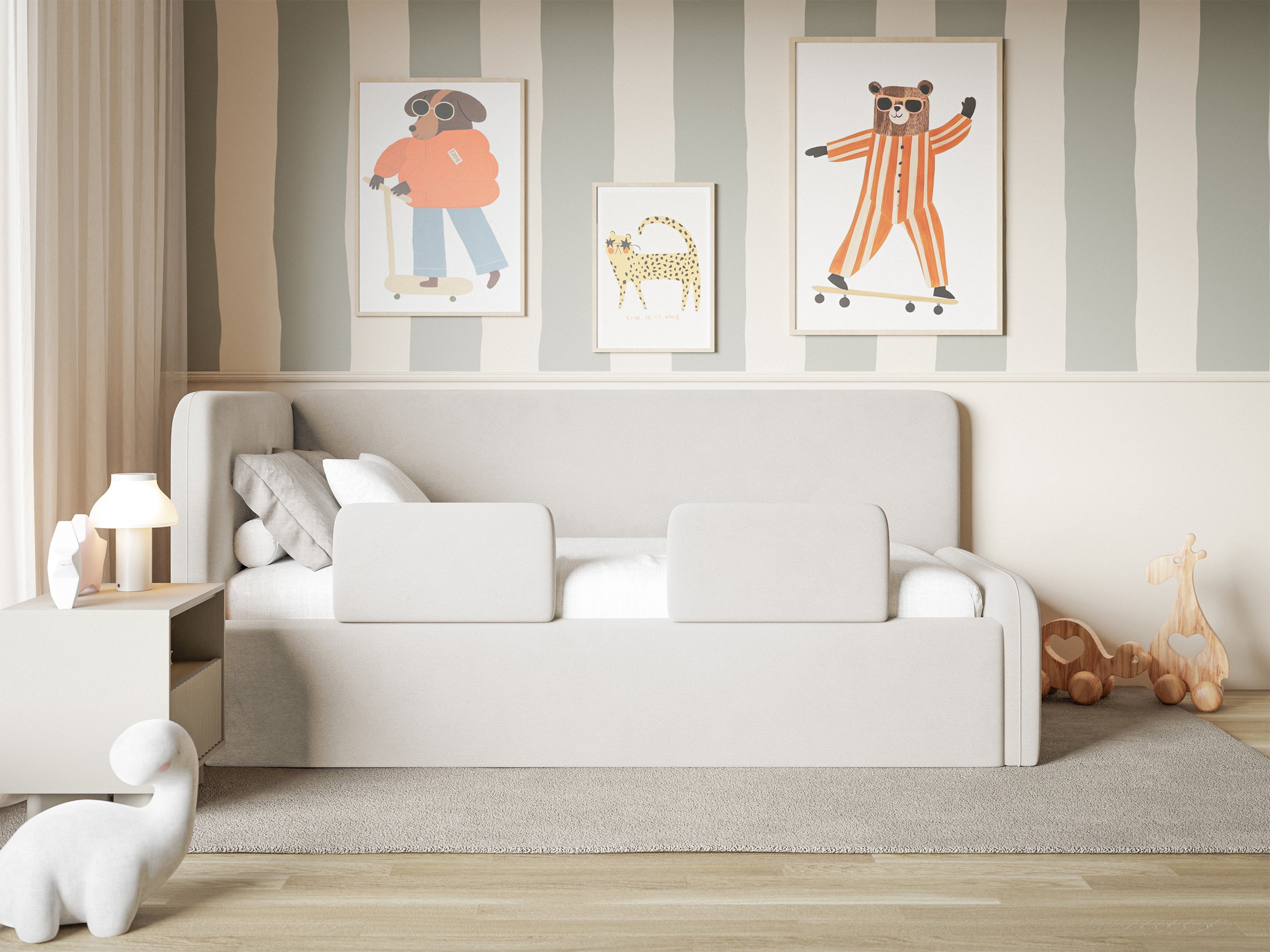 Jugendbett 90x200 cm Fanklo linksseitig mit Stauraum und hellbeigen Samt-Hydrophob, leicht zu reinigen Geländern