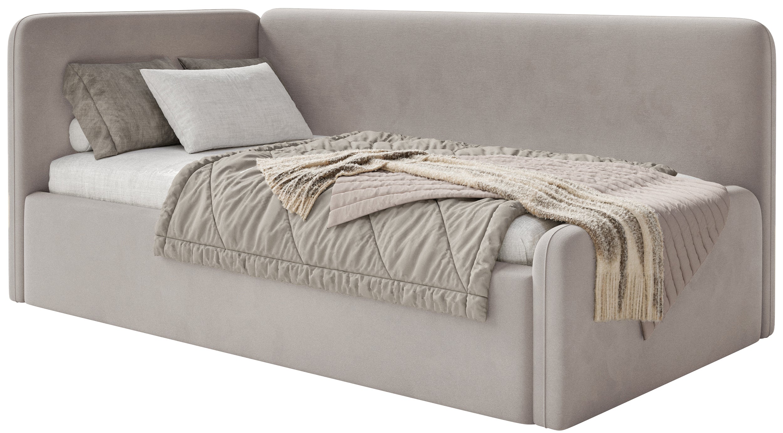 Jugendbett 120x200 cm Fanklo linksseitig mit Matratze und Stauraum, grau-beiger Velours, wasserabweisend und leicht zu reinigen