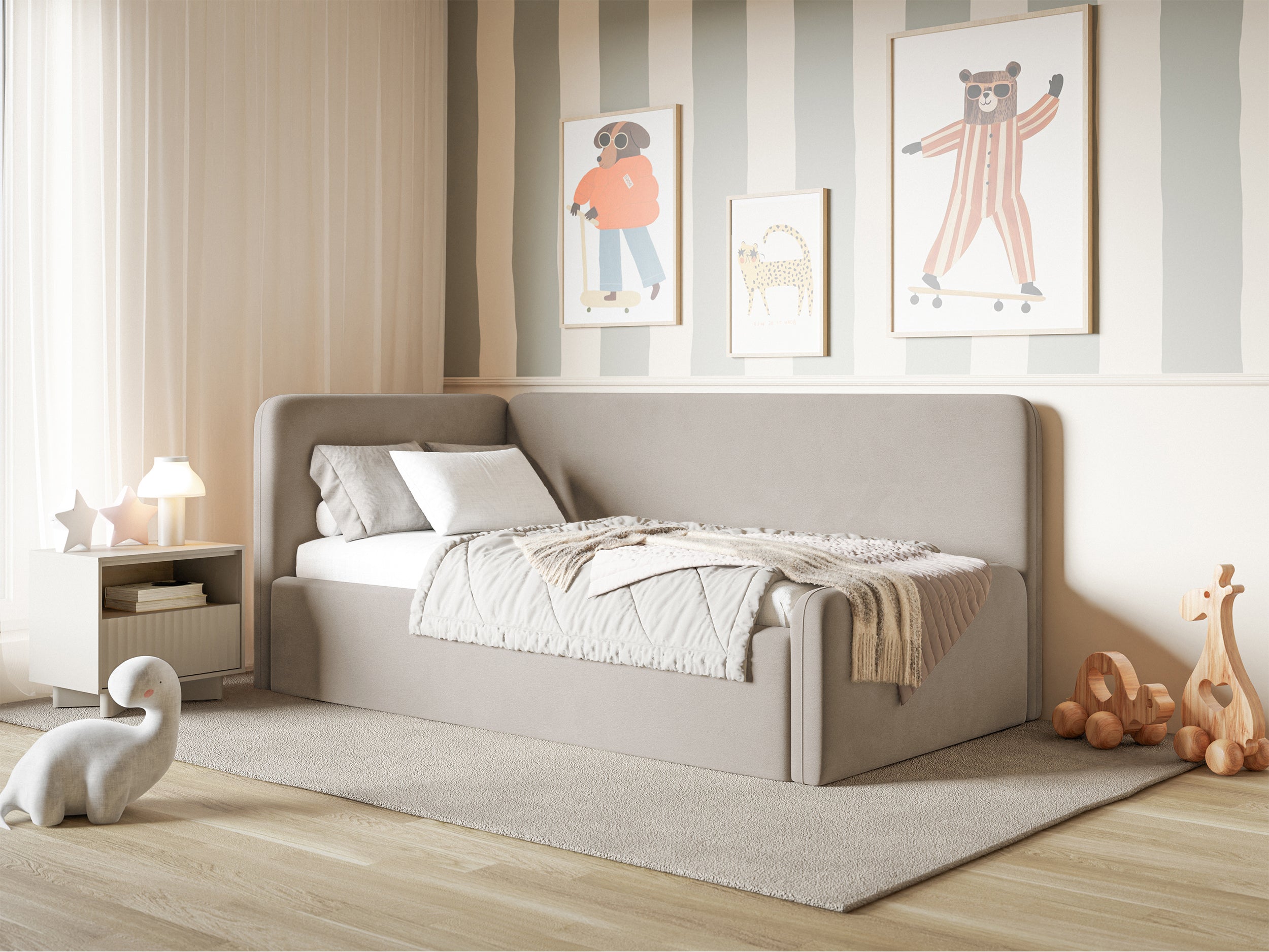 Jugendbett 120x200 cm Fanklo linksseitig mit Matratze und Stauraum, grau-beiger Velours, wasserabweisend und leicht zu reinigen