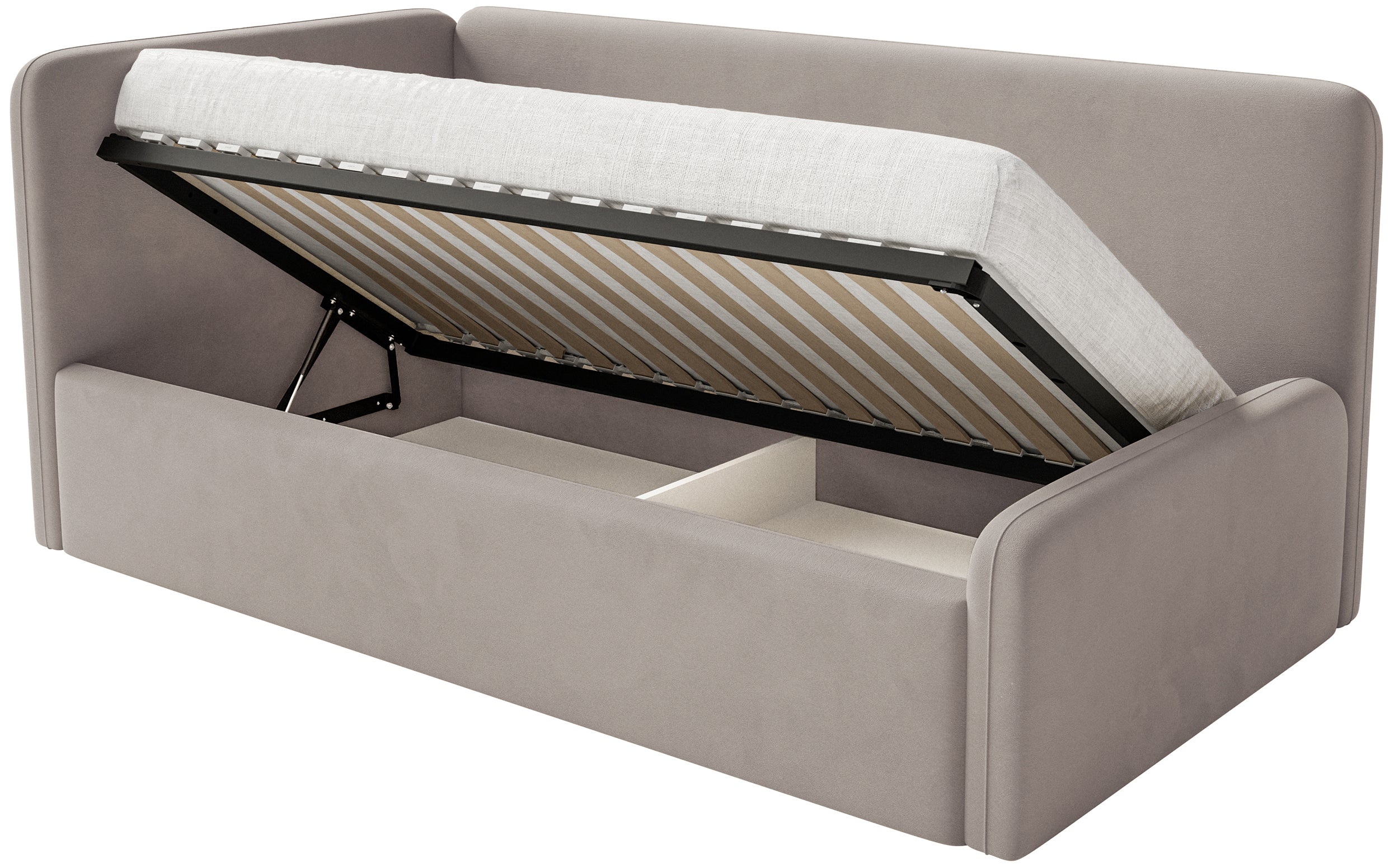 Jugendbett 90x200 cm Fanklo linksseitig mit Matratze, Stauraum und Geländern, hellbeige-grauer Velours, wasserabweisend und leicht zu reinigen