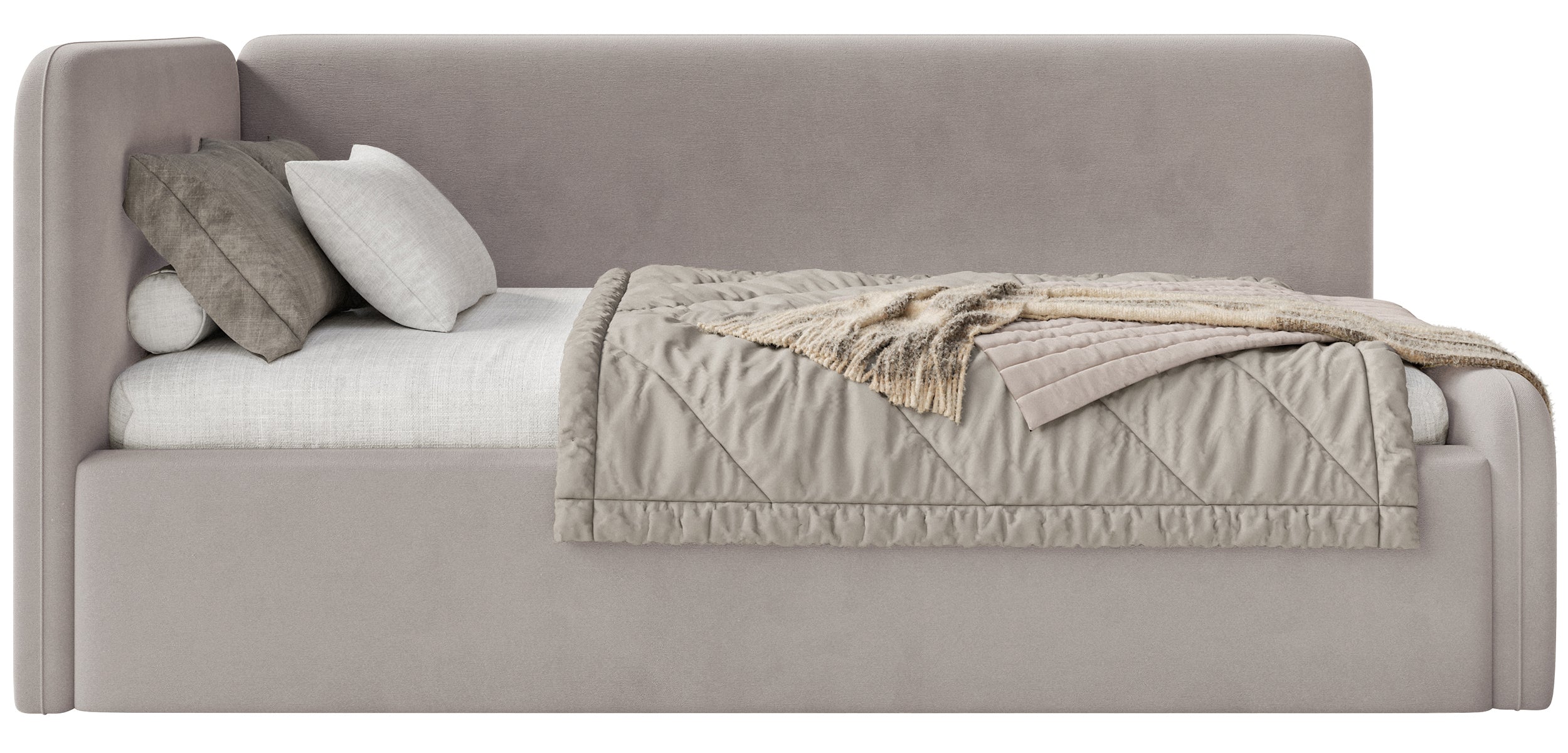 Jugendbett 120x200 cm Fanklo linksseitig mit Matratze und Stauraum, grau-beiger Velours, wasserabweisend und leicht zu reinigen