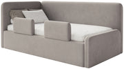 Jugendbett 90x200 cm Fanklo linksseitig mit Matratze, Stauraum und Geländern, hellbeige-grauer Velours, wasserabweisend und leicht zu reinigen