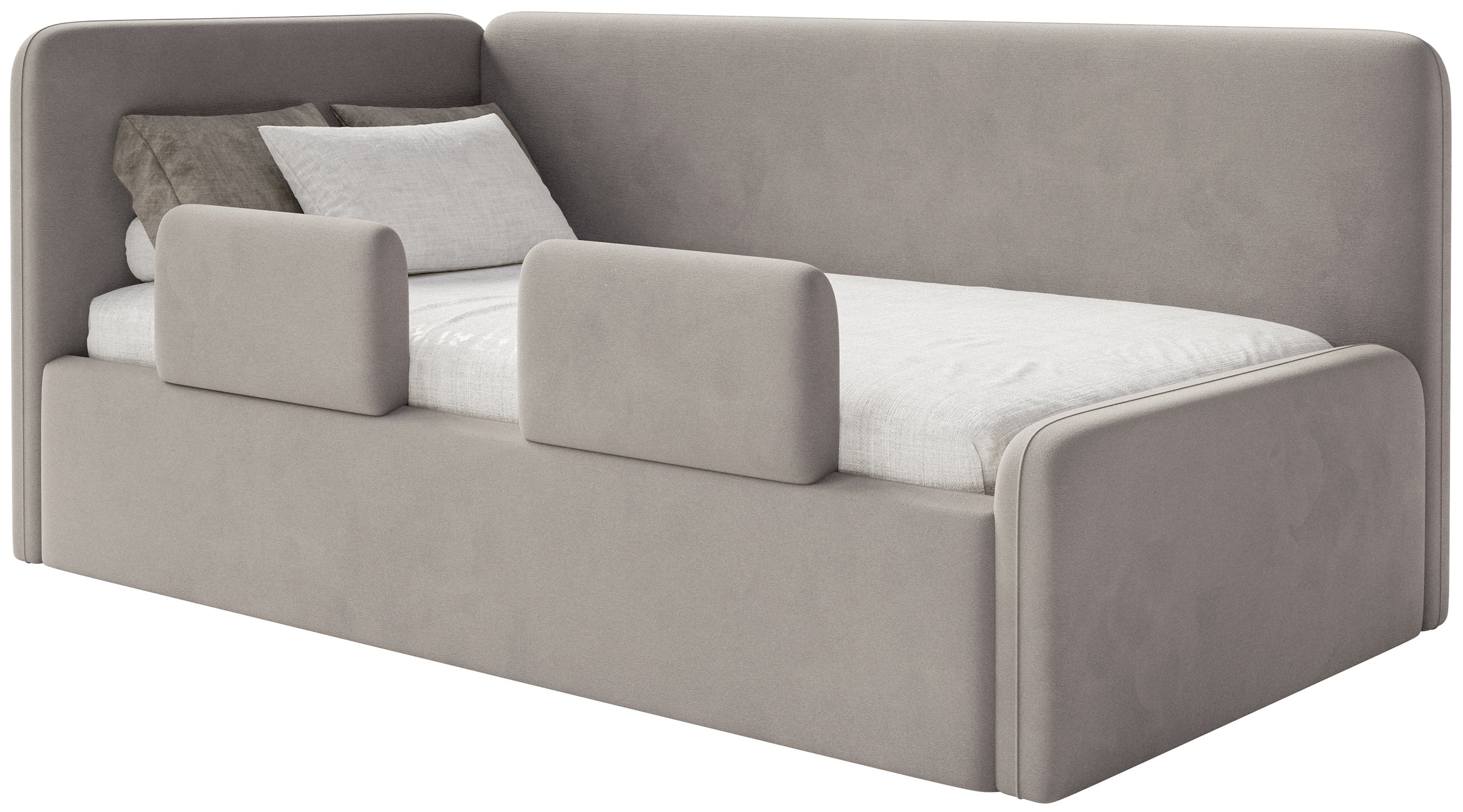 Jugendbett 120x200 cm Fanklo linksseitig mit Stauraum und Geländern, grau-beiger Velours, wasserabweisend und leicht zu reinigen