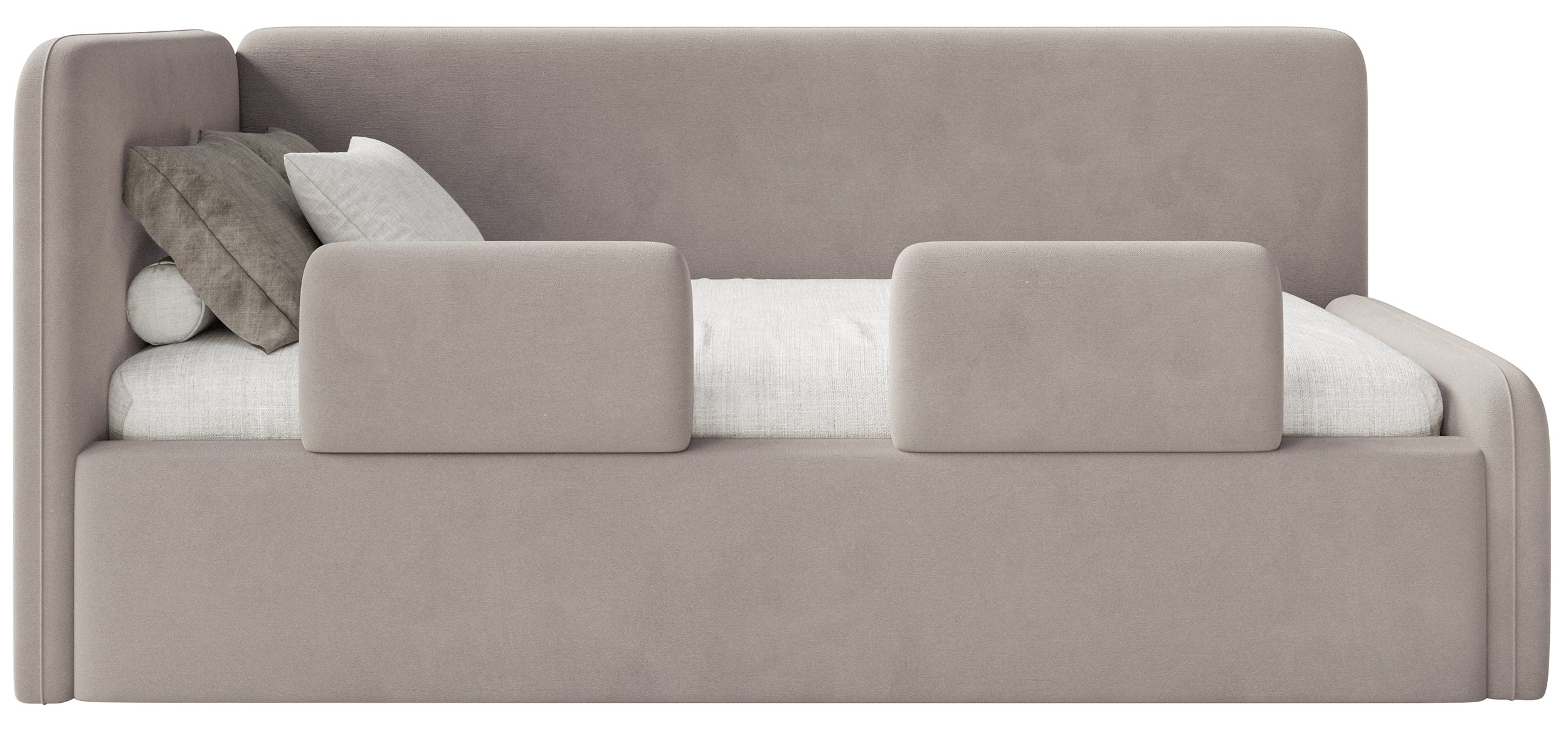 Jugendbett 90x200 cm Fanklo linksseitig mit Matratze, Stauraum und Geländern, hellbeige-grauer Velours, wasserabweisend und leicht zu reinigen