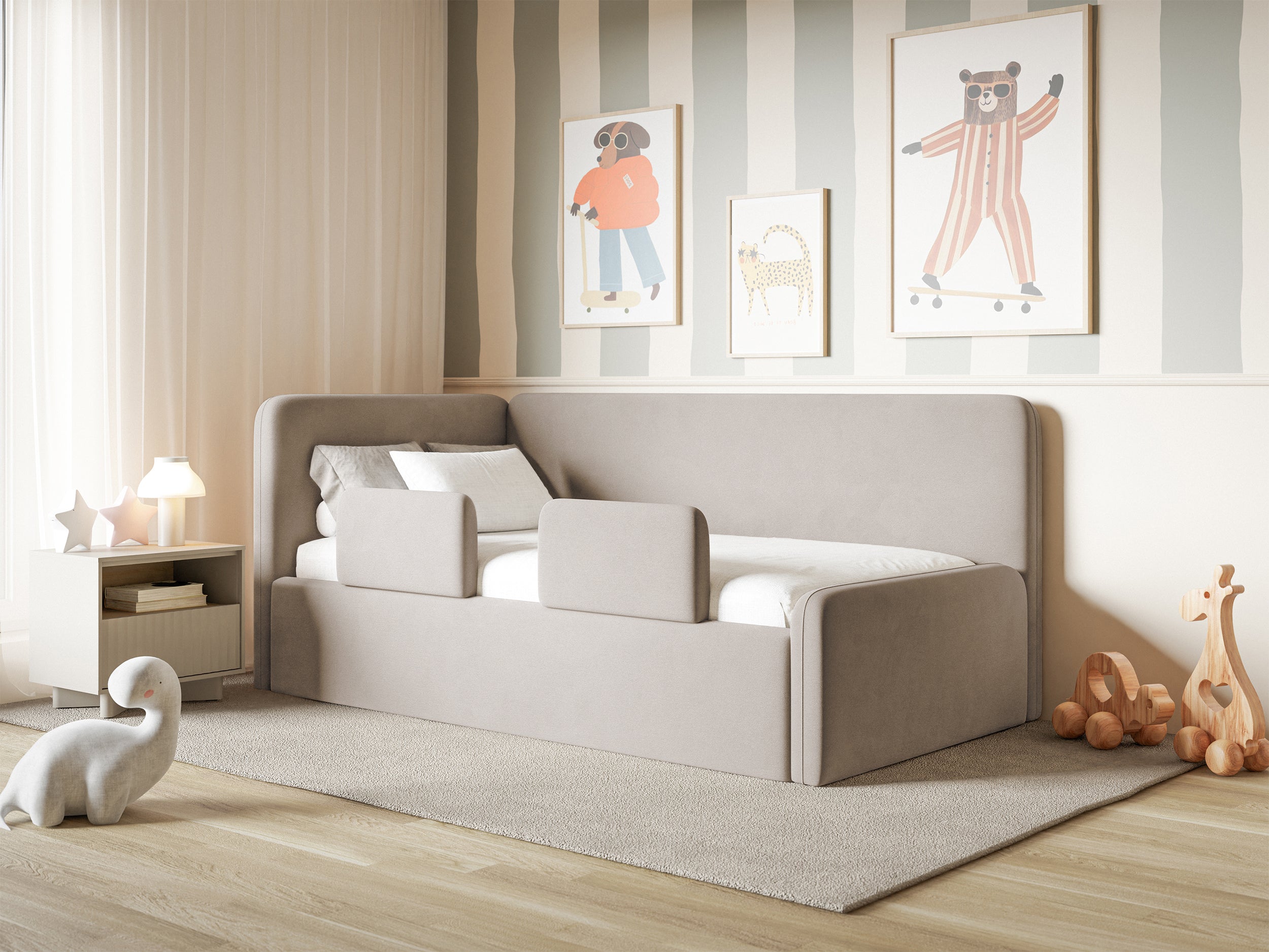 Jugendbett 120x200 cm Fanklo linksseitig mit Stauraum und Geländern, grau-beiger Velours, wasserabweisend und leicht zu reinigen