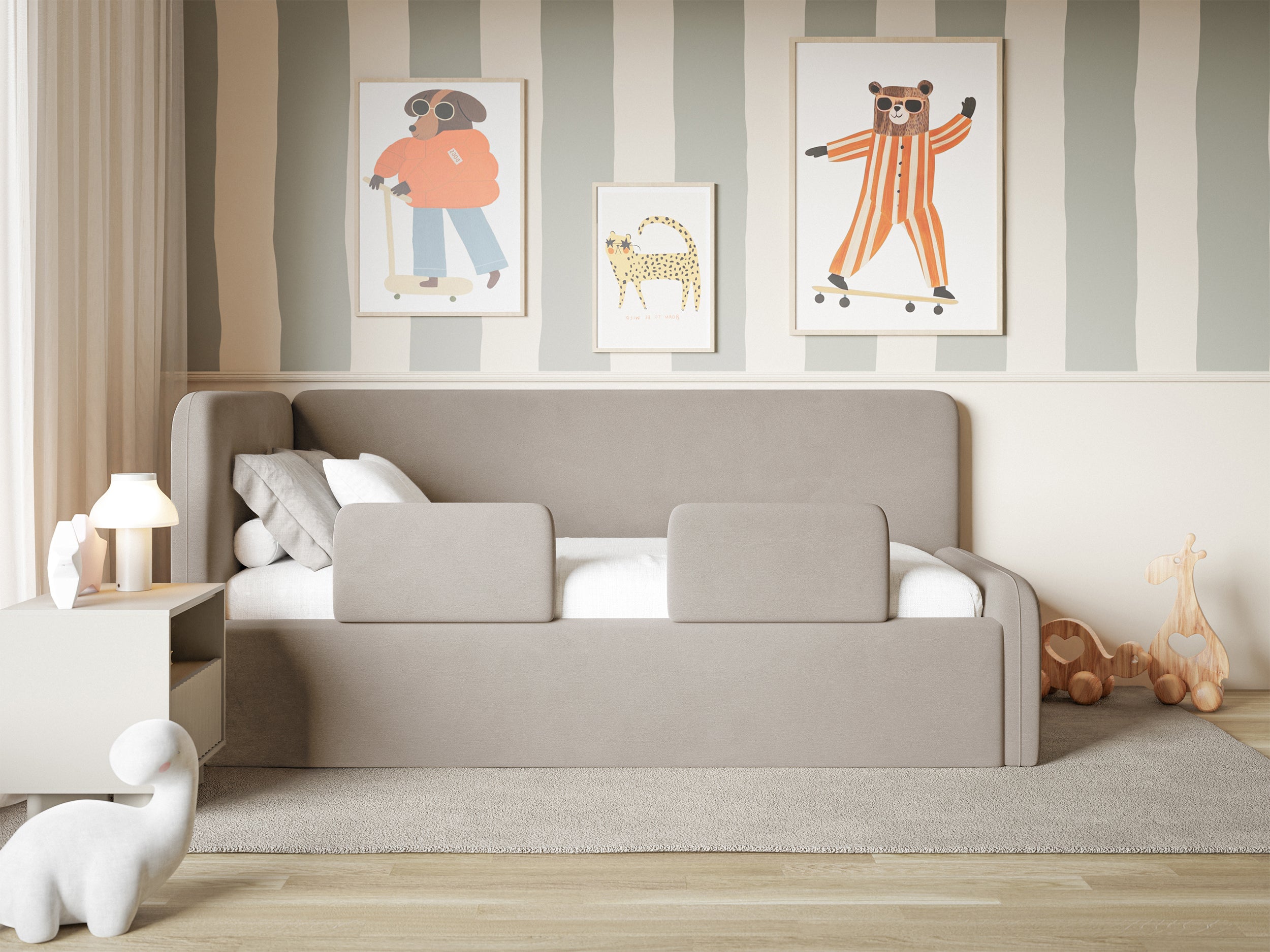 Jugendbett 90x200 cm Fanklo linksseitig mit Matratze, Stauraum und Geländern, hellbeige-grauer Velours, wasserabweisend und leicht zu reinigen