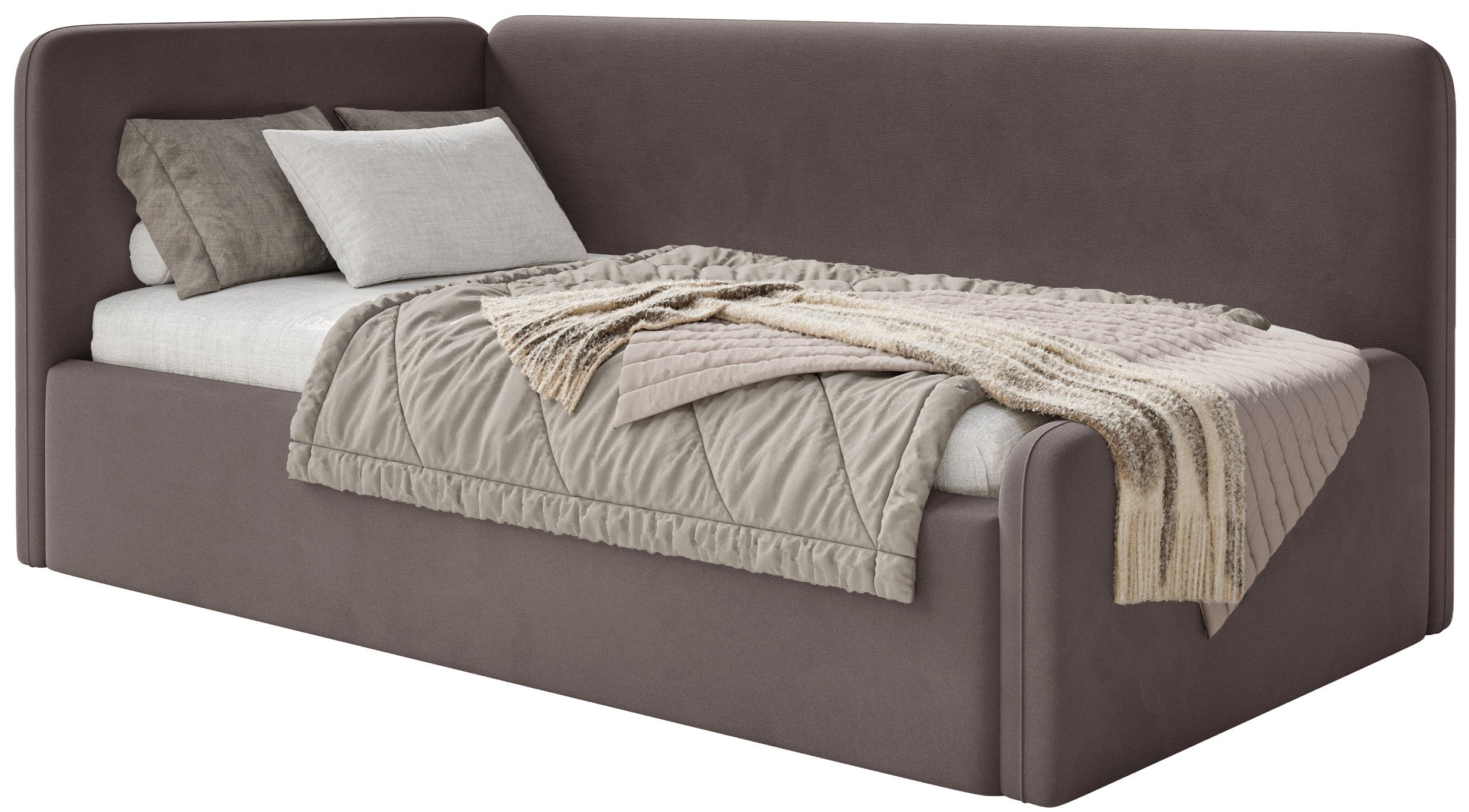 Jugendbett 90x200 cm Fanklo linksseitig mit Stauraum, brauner Velours, wasserabweisend und leicht zu reinigen
