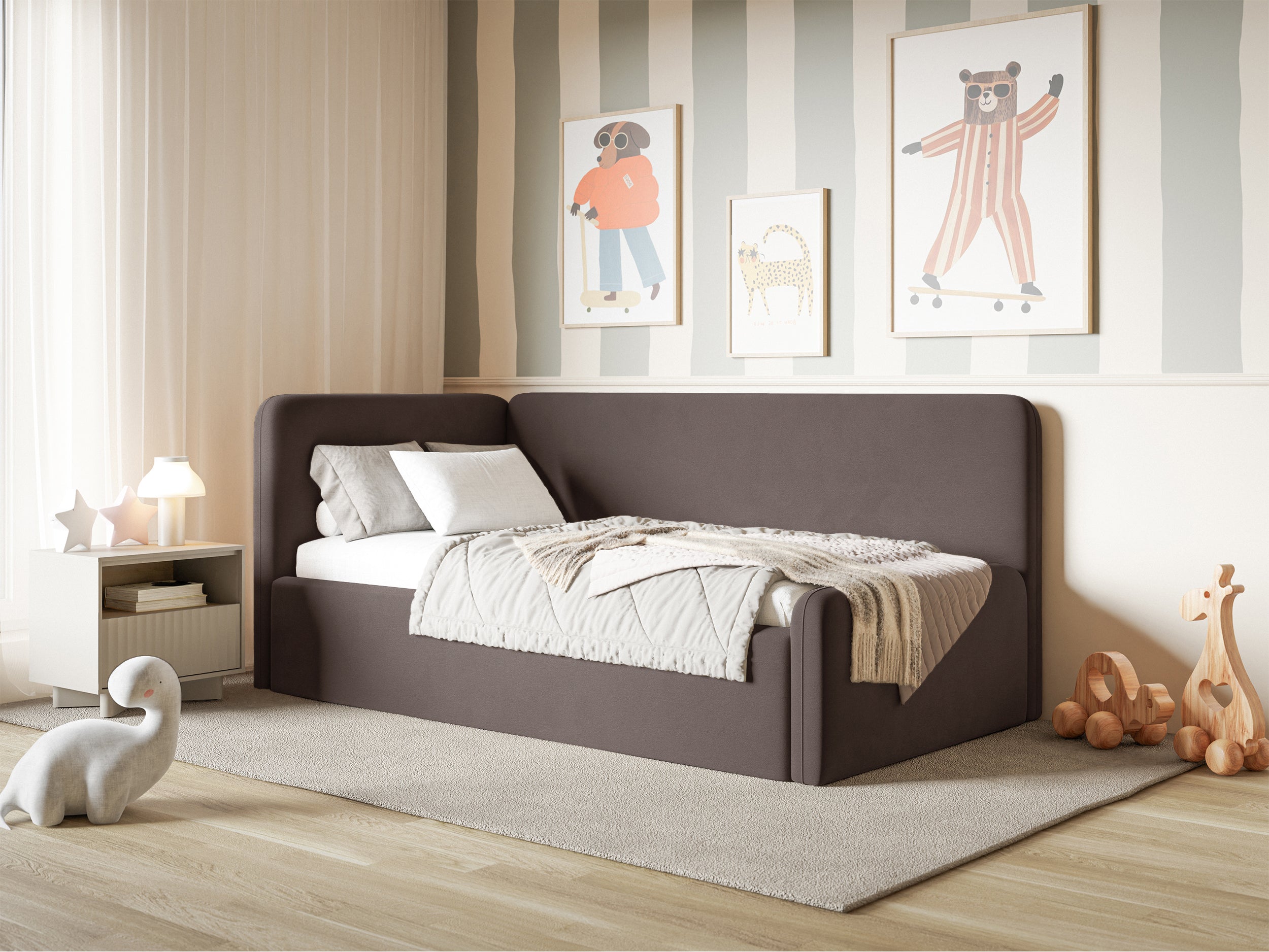 Jugendbett 90x200 cm Fanklo linksseitig mit Stauraum, brauner Velours, wasserabweisend und leicht zu reinigen