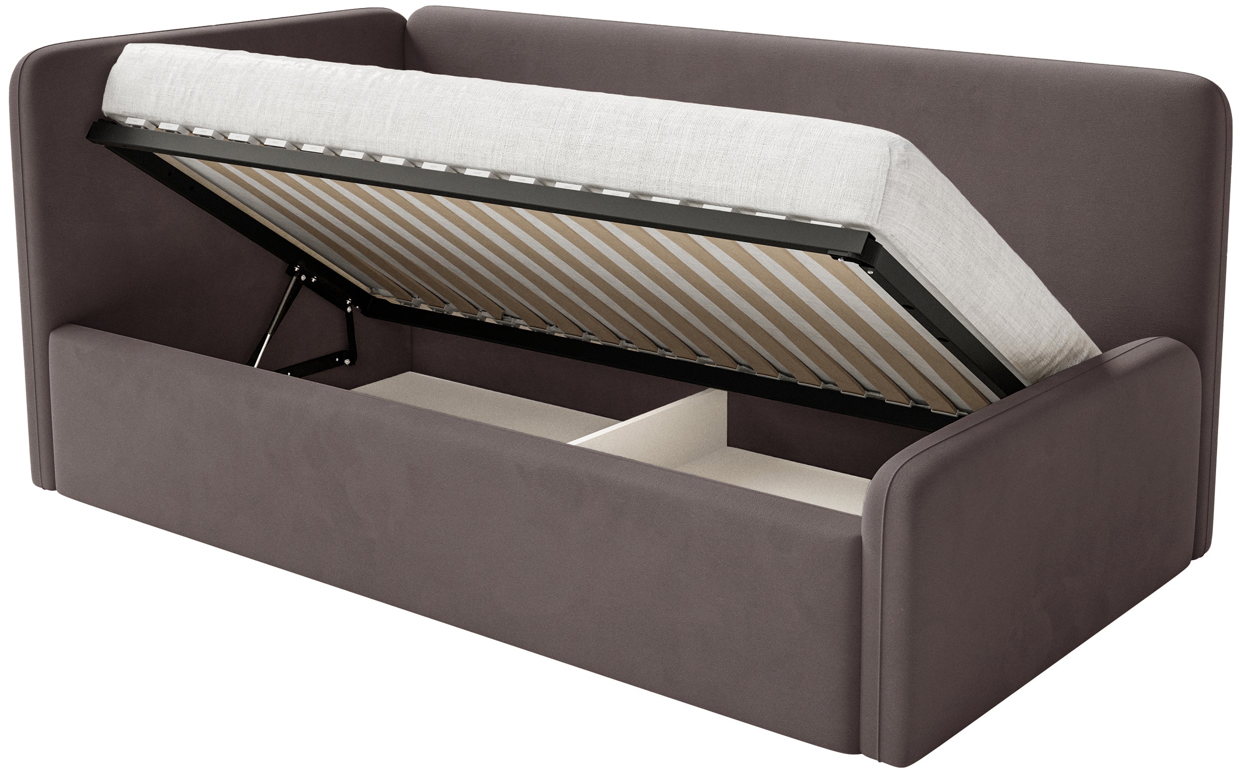Jugendbett 90x200 cm Fanklo linksseitig mit Stauraum, brauner Velours, wasserabweisend und leicht zu reinigen