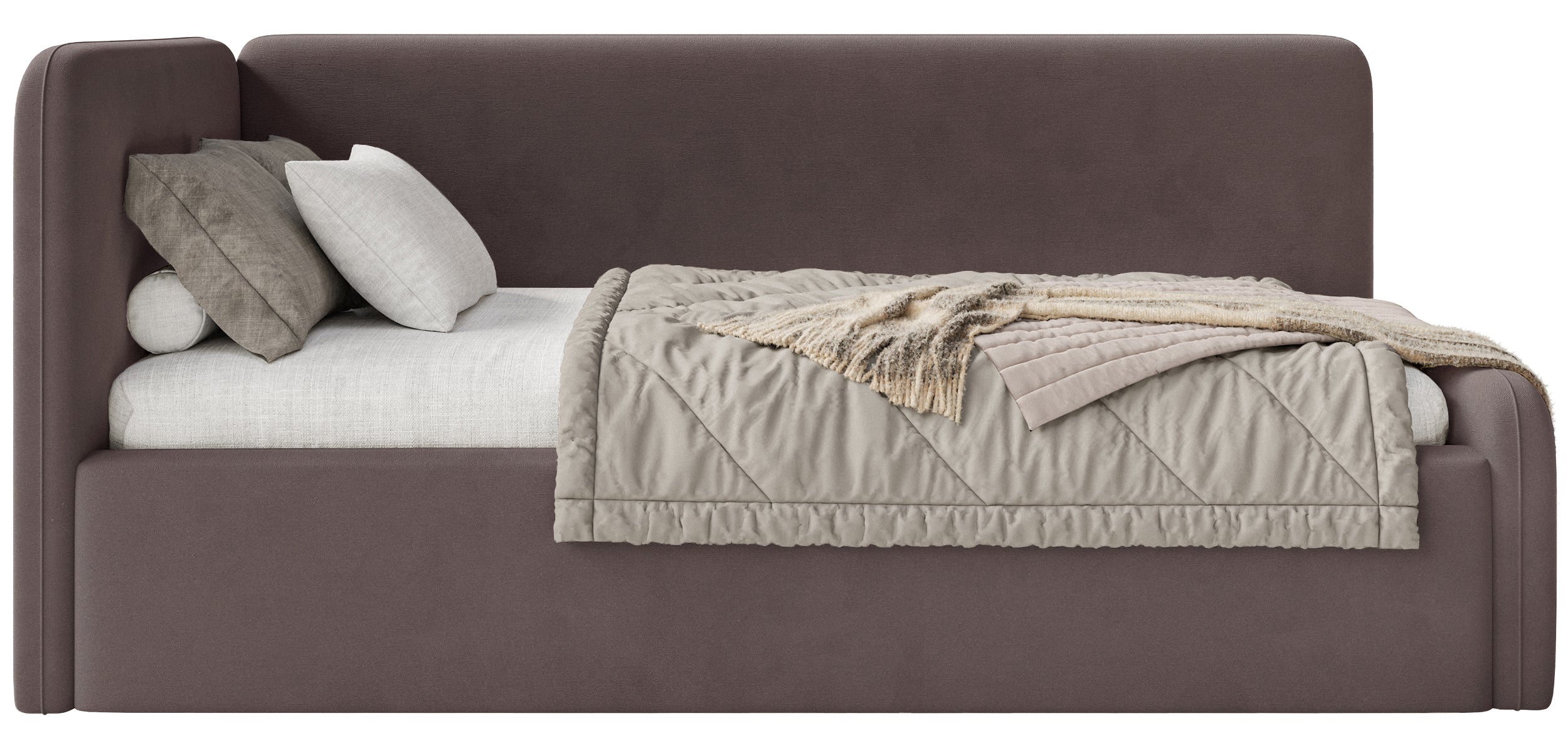 Jugendbett 90x200 cm Fanklo linksseitig mit Stauraum, brauner Velours, wasserabweisend und leicht zu reinigen