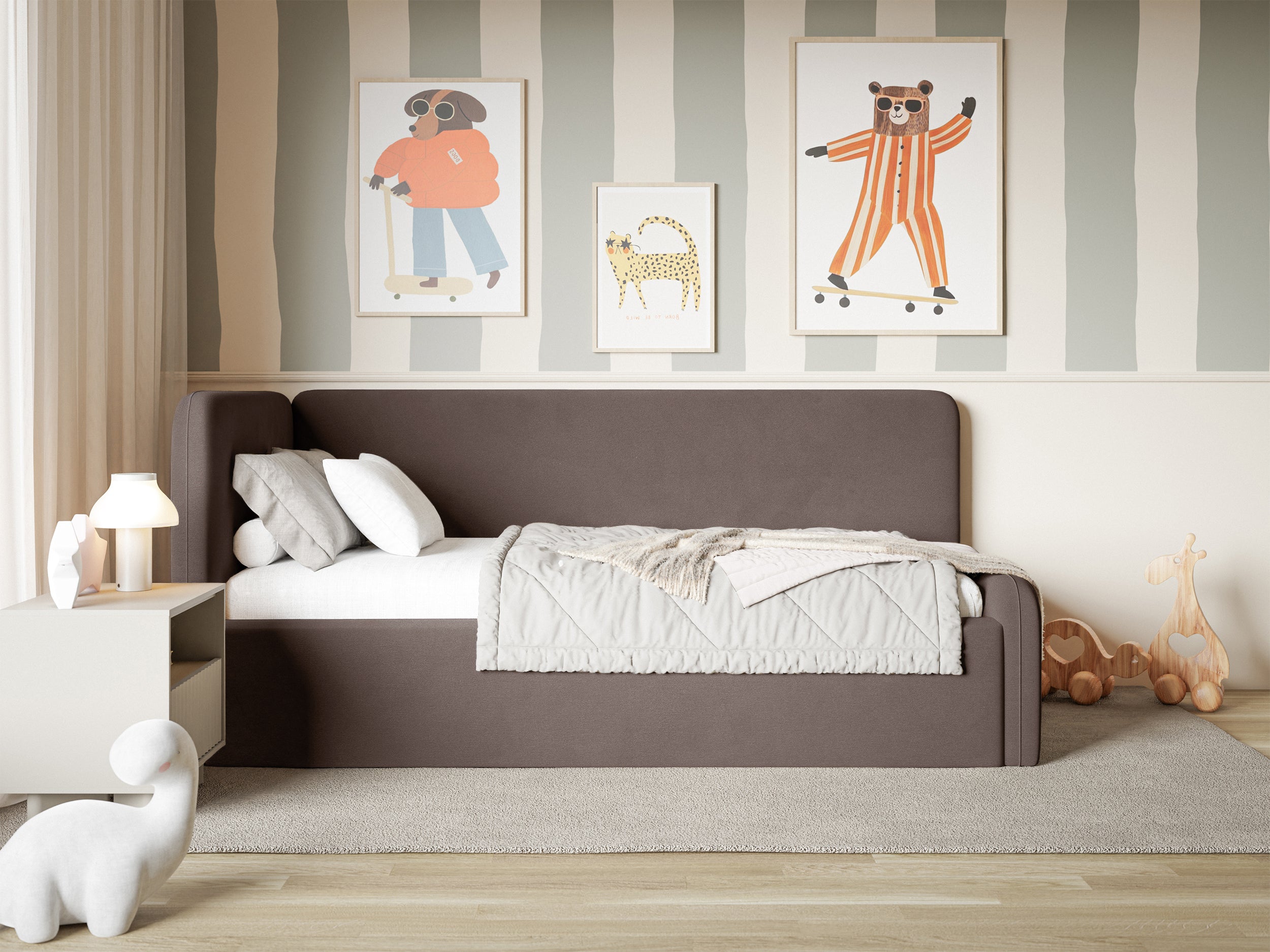 Jugendbett 90x200 cm Fanklo linksseitig mit Stauraum, brauner Velours, wasserabweisend und leicht zu reinigen