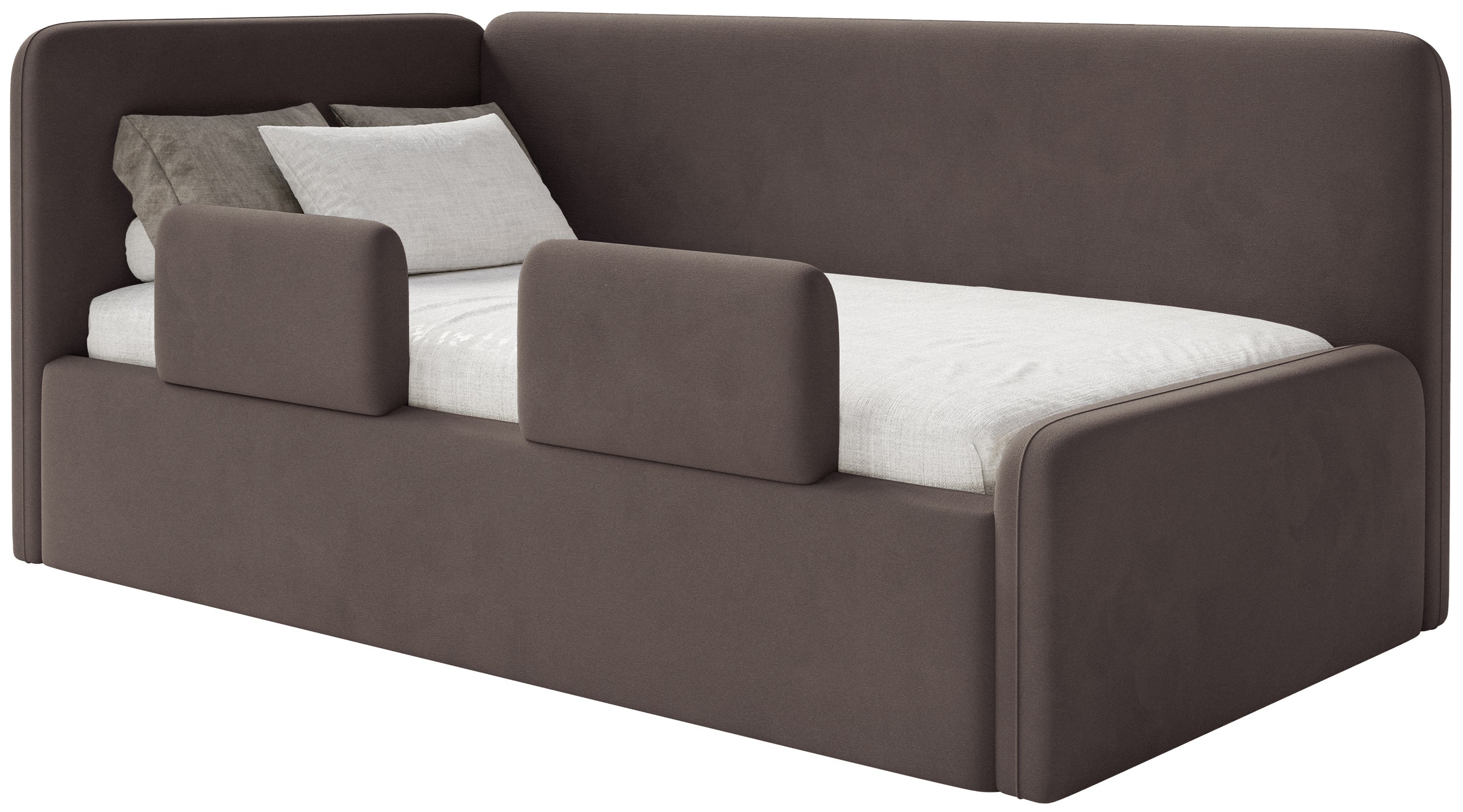 Jugendbett 120x200 cm Fanklo linksseitig mit Stauraum und Geländern, brauner Velours, wasserabweisend und pflegeleicht