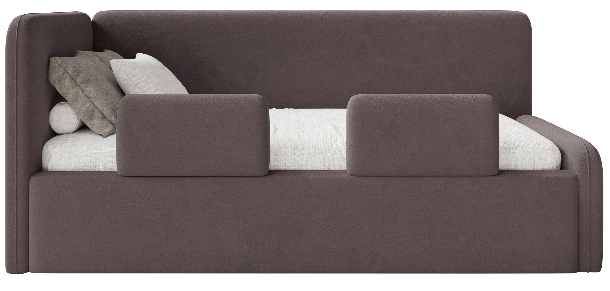 Jugendbett 90x200 cm Fanklo linksseitig mit Matratze, Stauraum und Geländern, brauner Velours, wasserabweisend und leicht zu reinigen