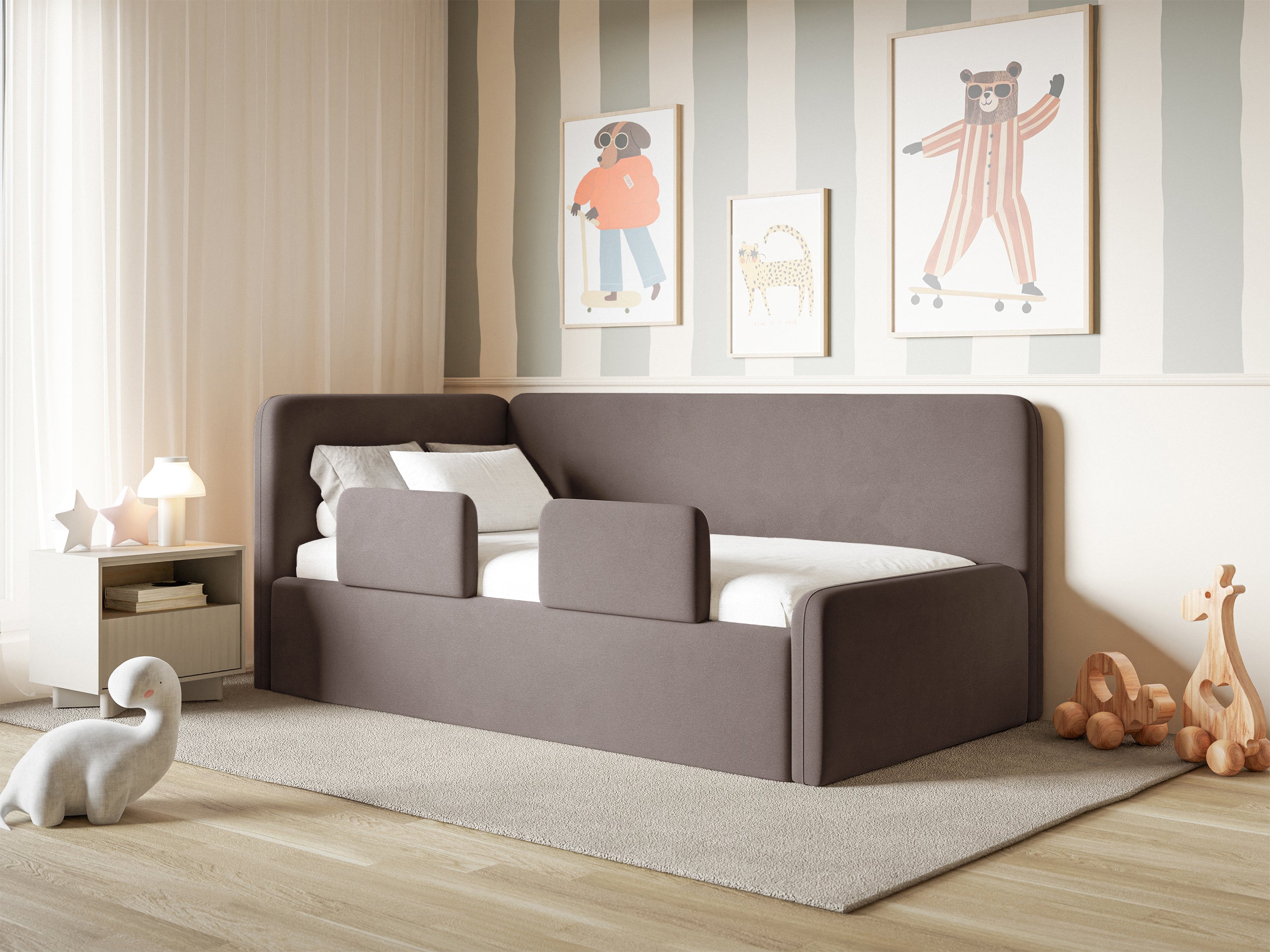 Jugendbett 120x200 cm Fanklo linksseitig mit Stauraum und Geländern, brauner Velours, wasserabweisend und pflegeleicht