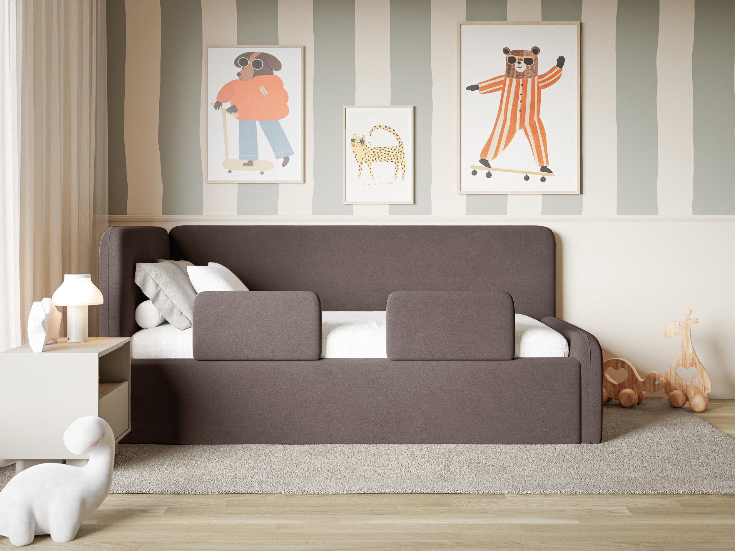 Jugendbett 90x200 cm Fanklo linksseitig mit Matratze, Stauraum und Geländern, brauner Velours, wasserabweisend und leicht zu reinigen