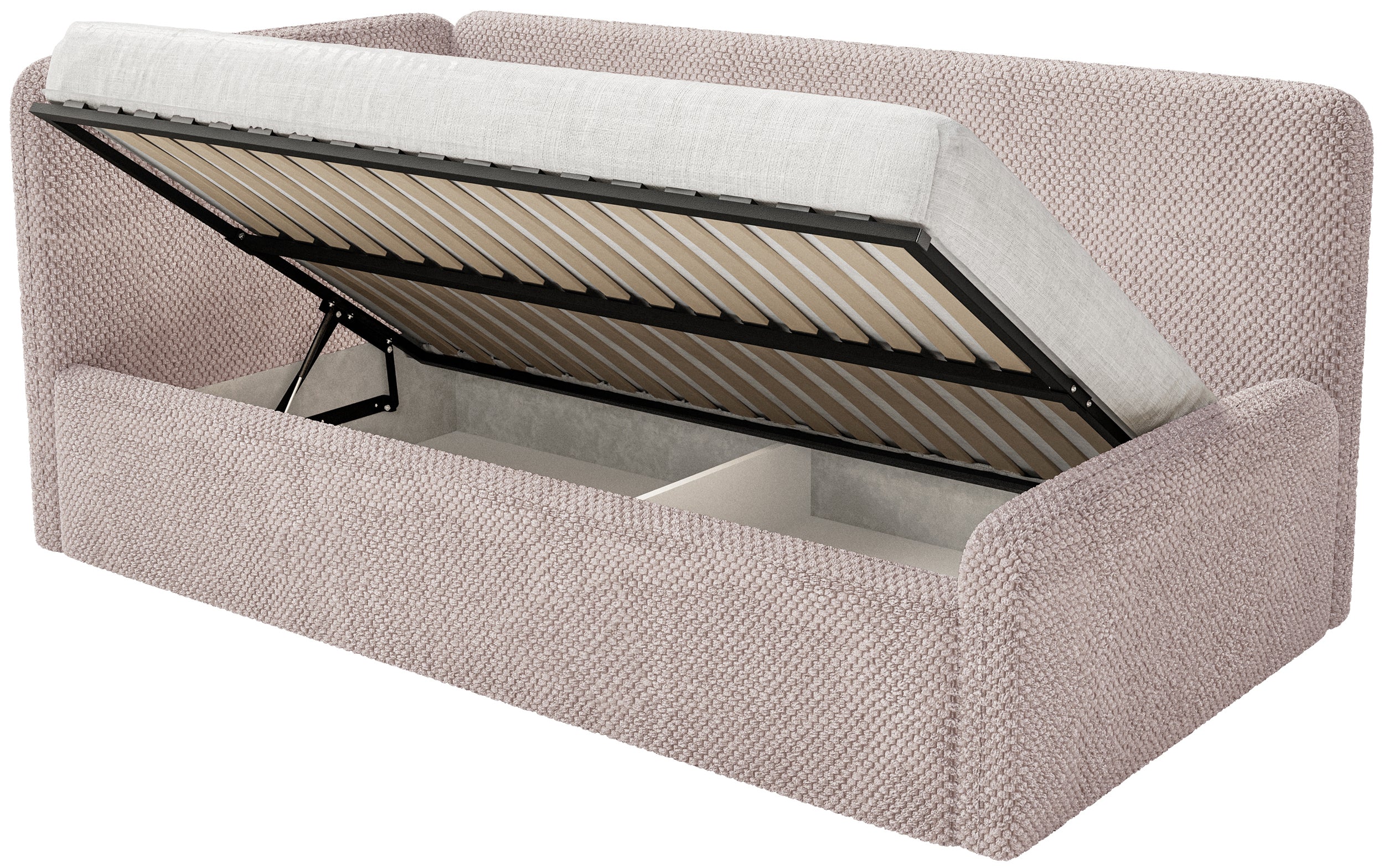 Jugendbett 120x200 cm Fanklo linksseitig mit Stauraum, puderrosa Plüsch, wasserabweisend