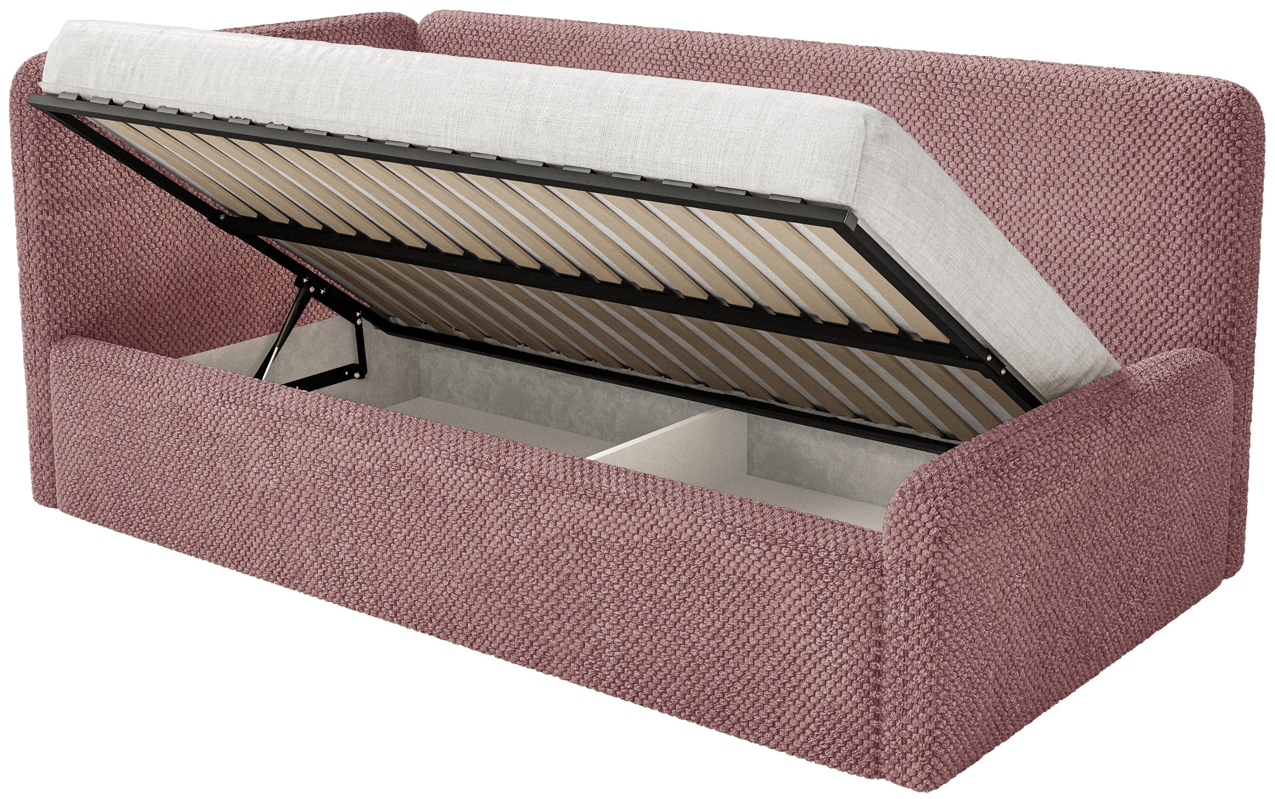 Jugendbett 120x200 cm Fanklo linksseitig mit Stauraum und Geländern, rosa Plüsch, wasserabweisend