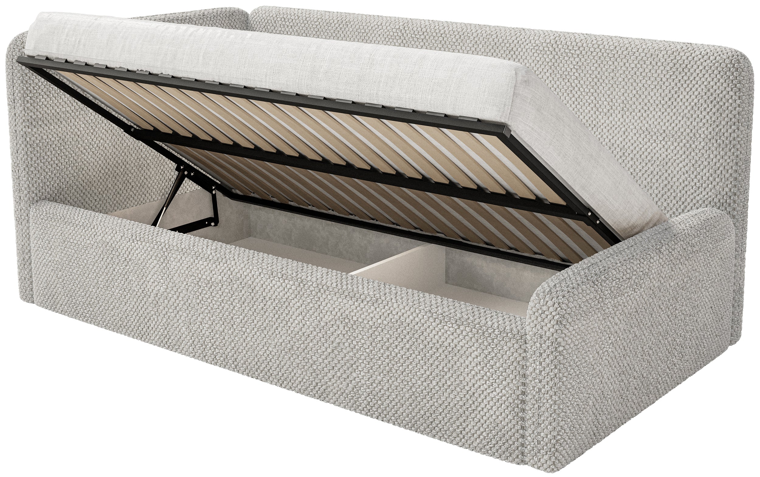Jugendbett 120x200 cm Fanklo linksseitig mit Stauraum, hellbeige Plüsch, wasserabweisend