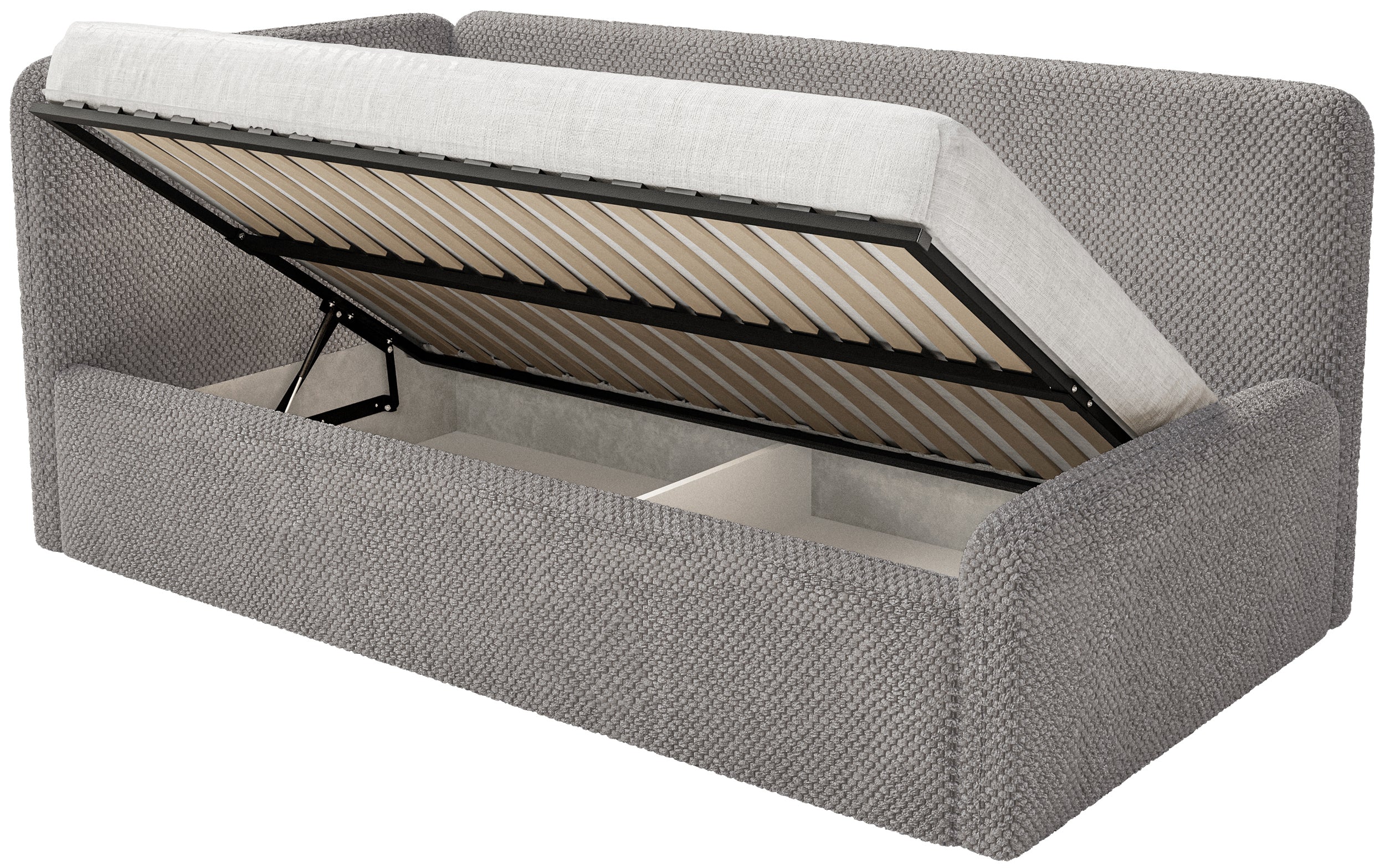 Jugendbett 120x200 cm Fanklo linksseitig mit Matratze und Stauraum, graubrauner hydrophober Plüsch