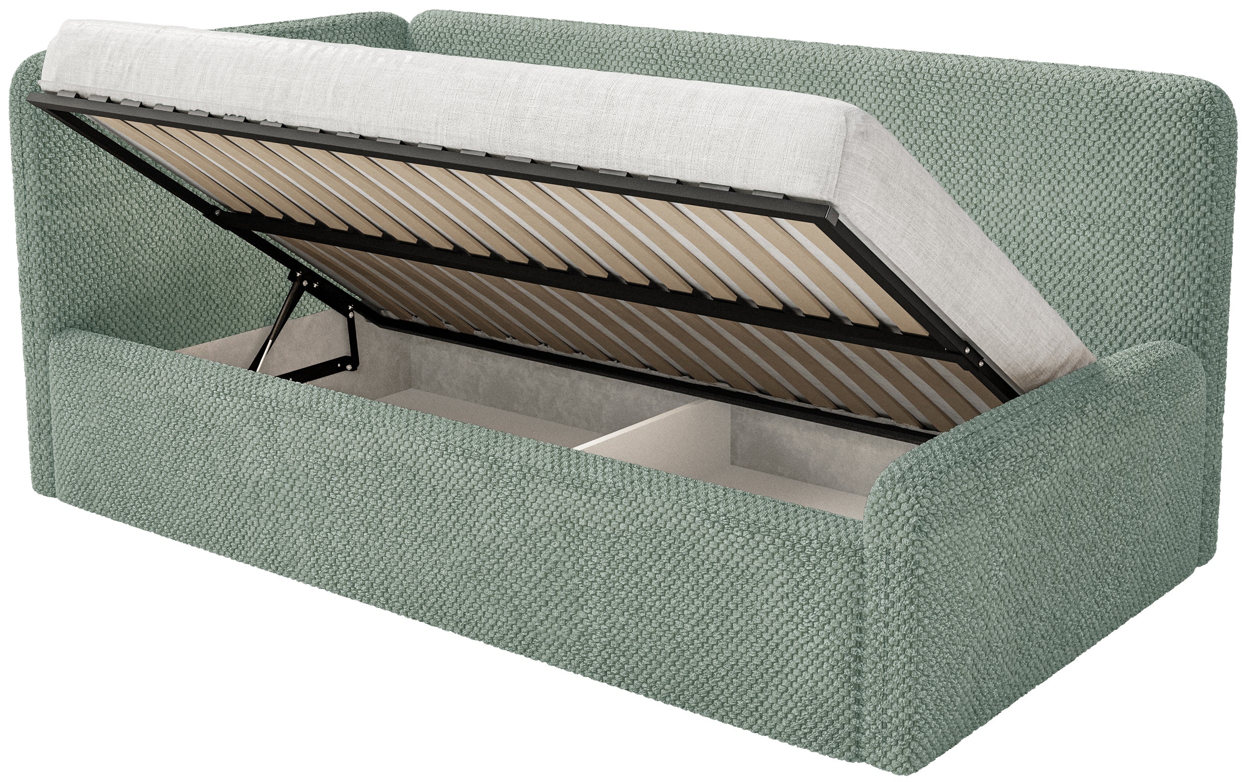 Jugendbett 120x200 cm Fanklo linksseitig mit Stauraum, salbeigrüner Plüsch, wasserabweisend