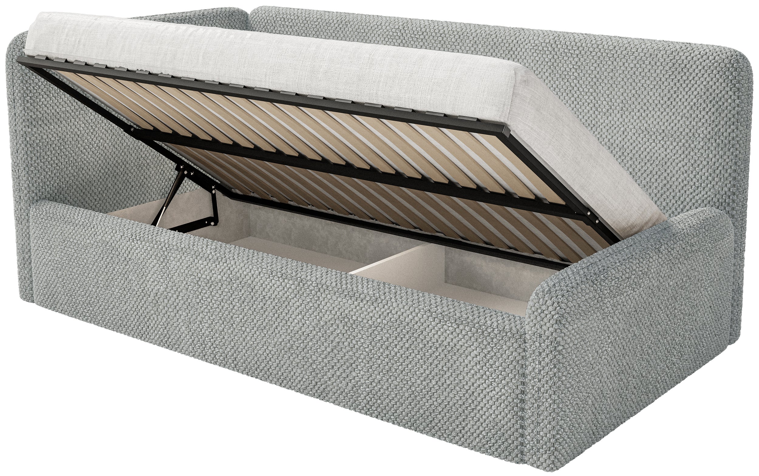 Jugendbett 120x200 cm Fanklo linksseitig mit Matratze und Stauraum, grauer Plüsch, wasserabweisend