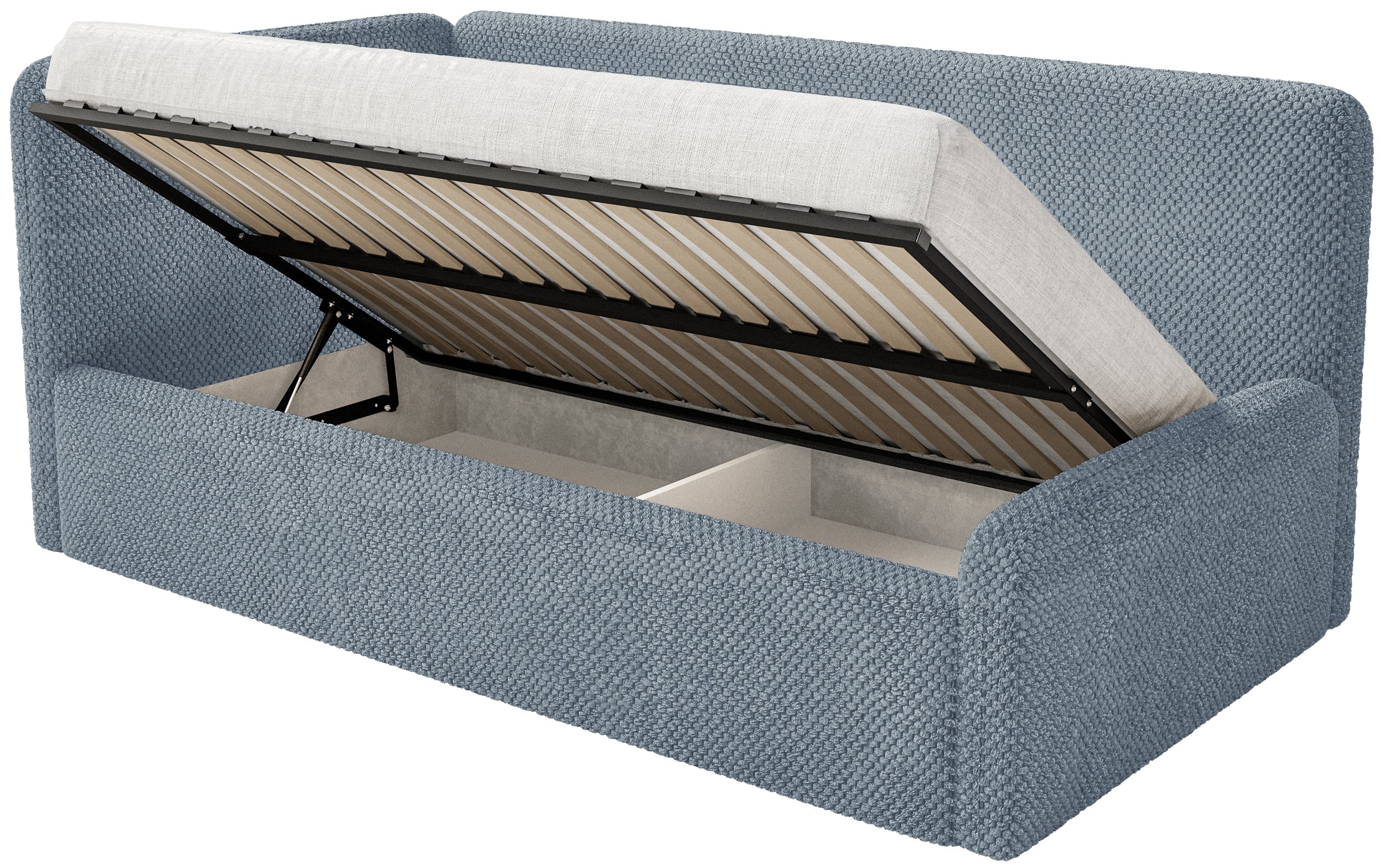 Jugendbett 120x200 cm Fanklo linksseitig mit Stauraum, blau, wasserabweisender Plüsch