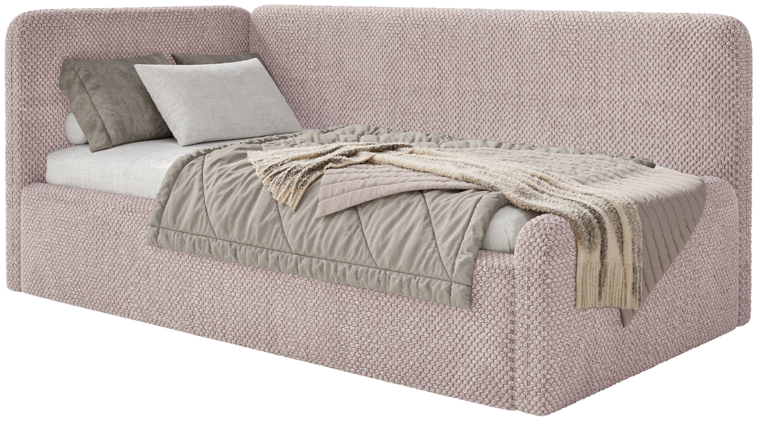 Jugendbett 90x200 cm Fanklo linksseitig mit Stauraum, puderrosa Plüsch, wasserabweisend