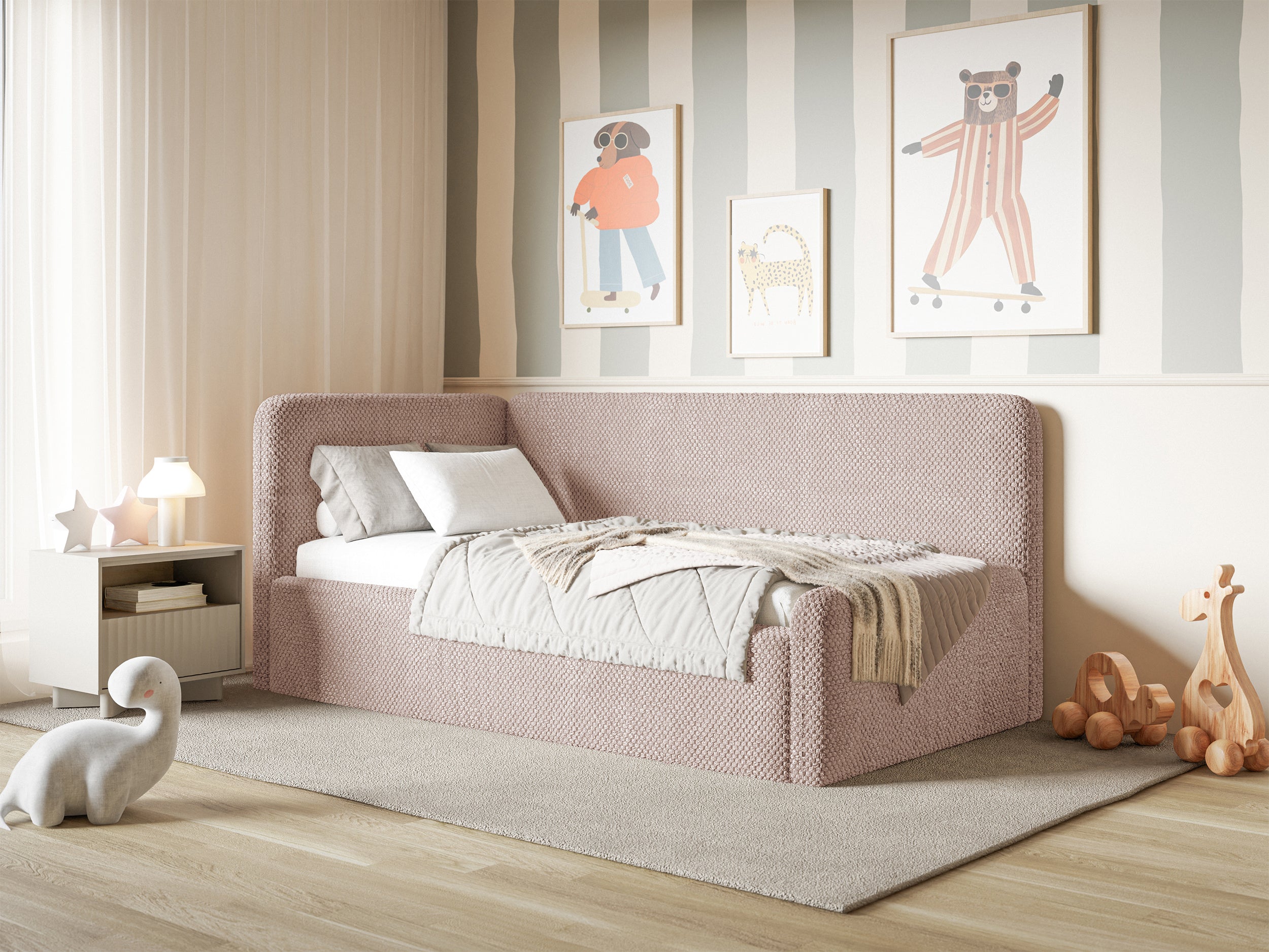 Jugendbett 90x200 cm Fanklo linksseitig mit Stauraum, puderrosa Plüsch, wasserabweisend